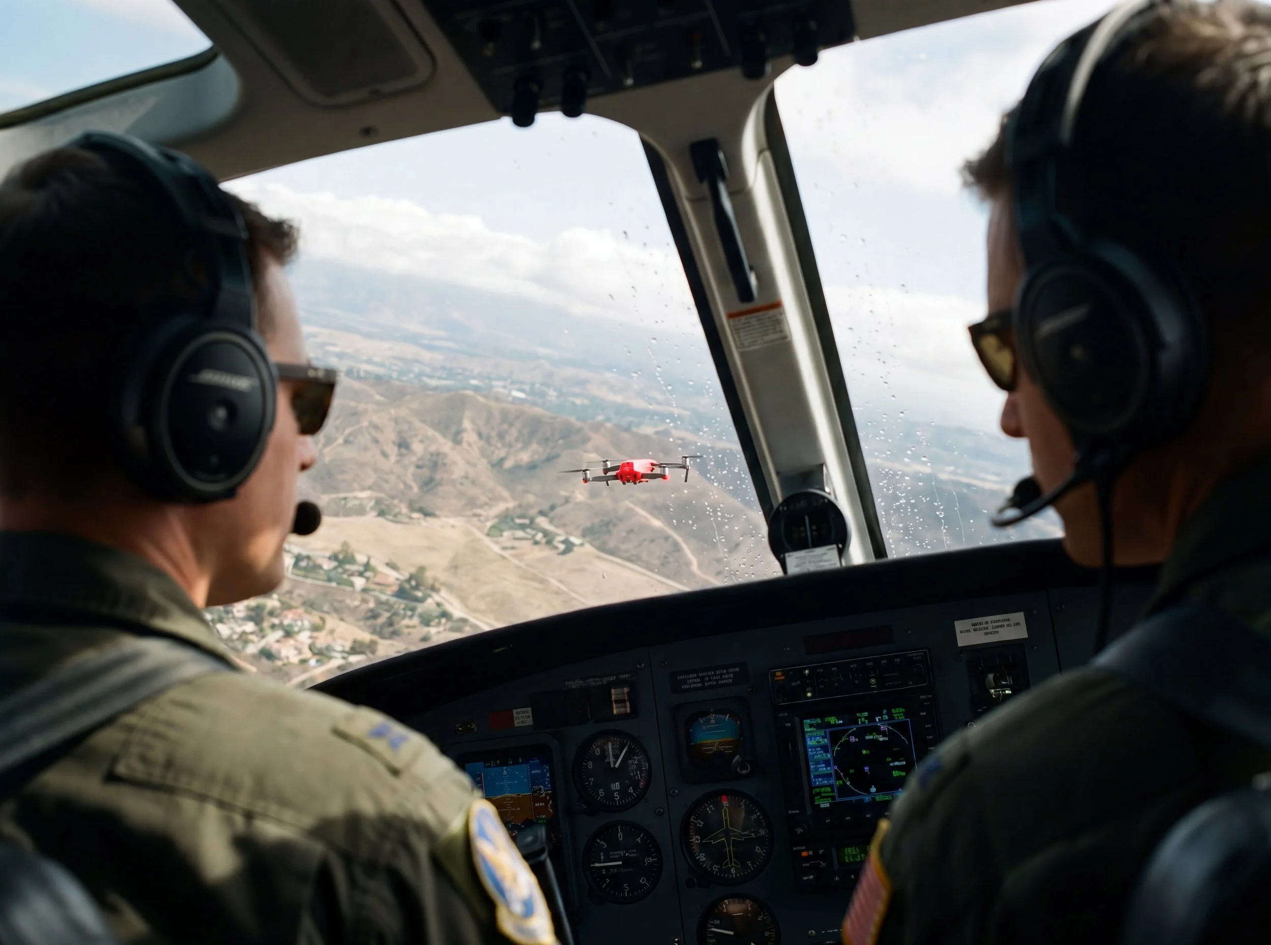 Two commercial pilots in flight suits and aviation headsets observe a small red drone through the cockpit windshield during flight, with mountainous terrain and suburban landscape visible below.