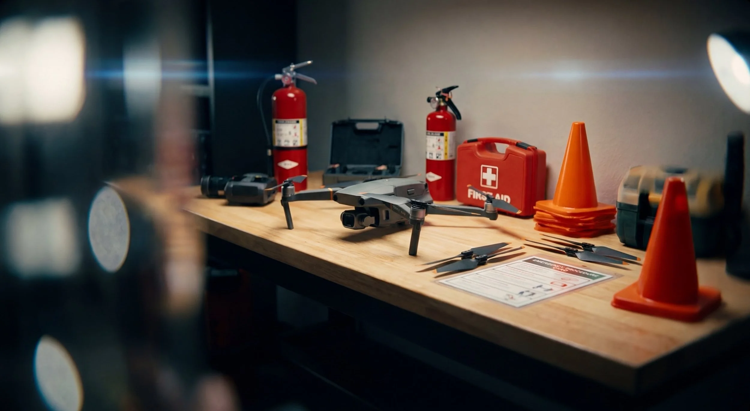 Drone program equipment stored alongside safety gear including traffic cones and a first aid kit — representing the operational readiness and safety infrastructure required for a compliant program
