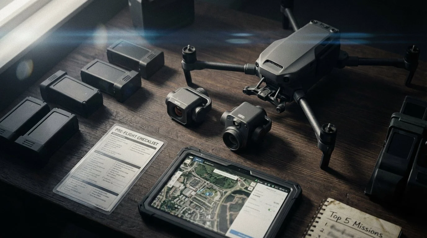 Drone hardware selection layout with multiple batteries, interchangeable camera payloads, a pre-flight checklist, and a tablet map for mission planning.