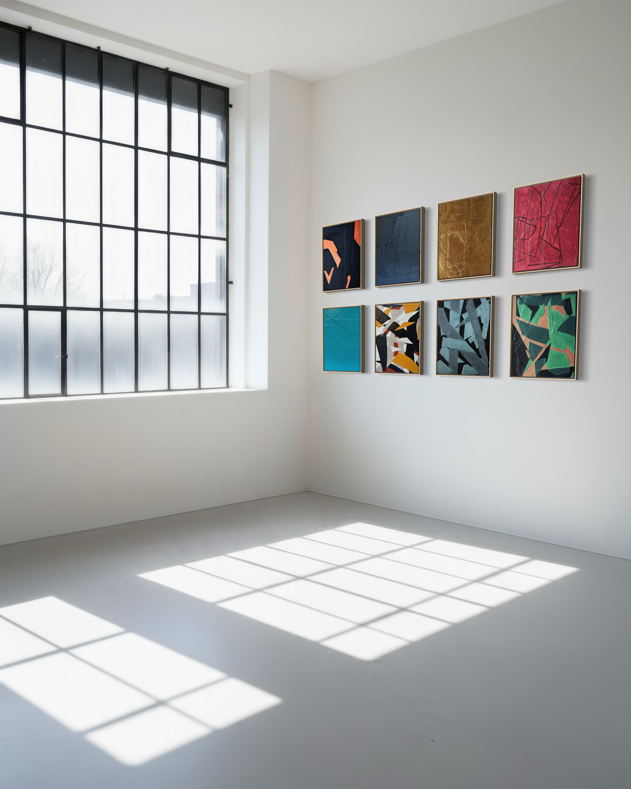 An art gallery with a white wall displaying eight abstract paintings. A large window with black grid frames allows natural light to cast shadows on the white floor.