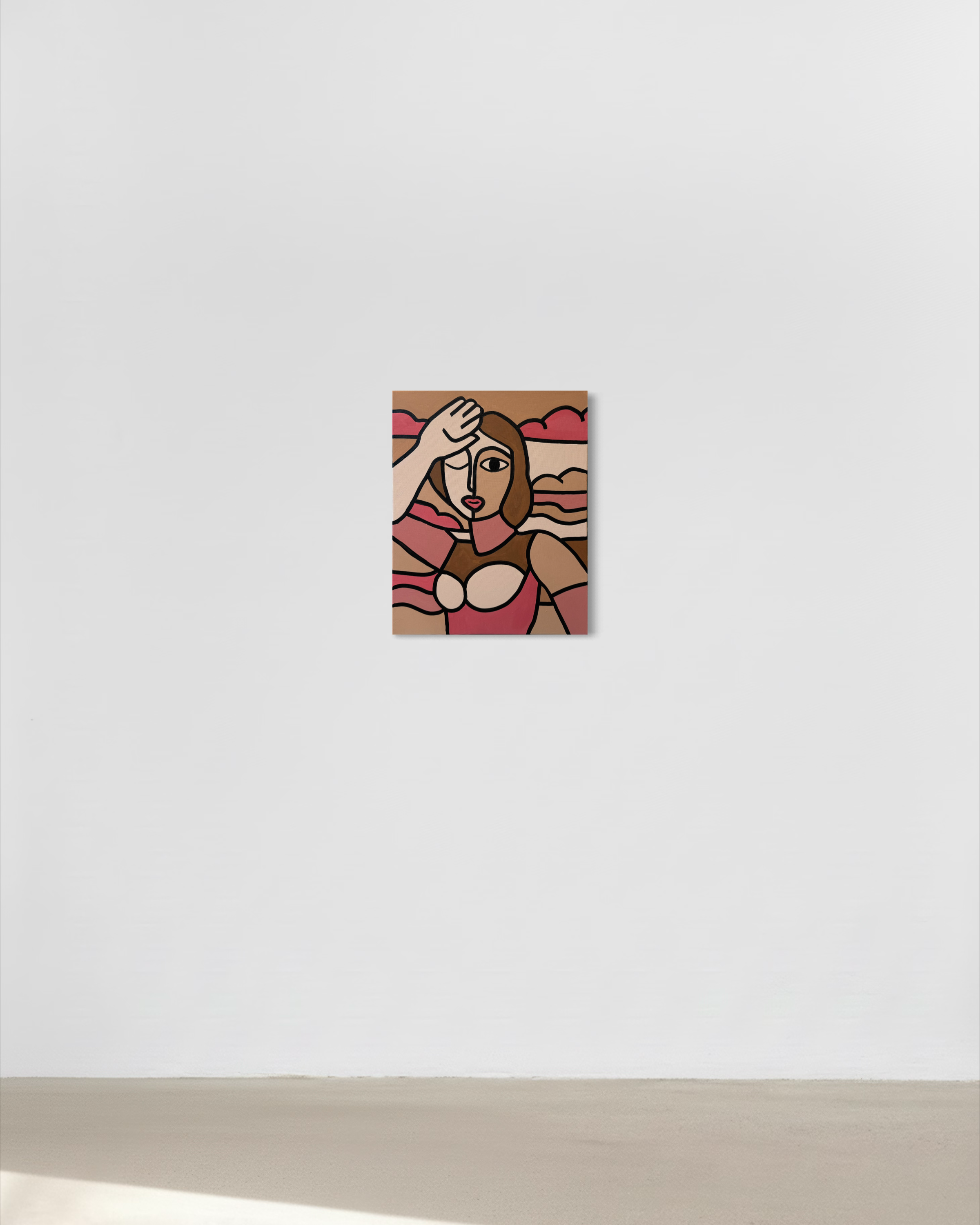 Minimalist portrait of a woman with brown hair, wearing pink clothing, with one hand on her forehead, set against a stylized background with warm, earthy tones.