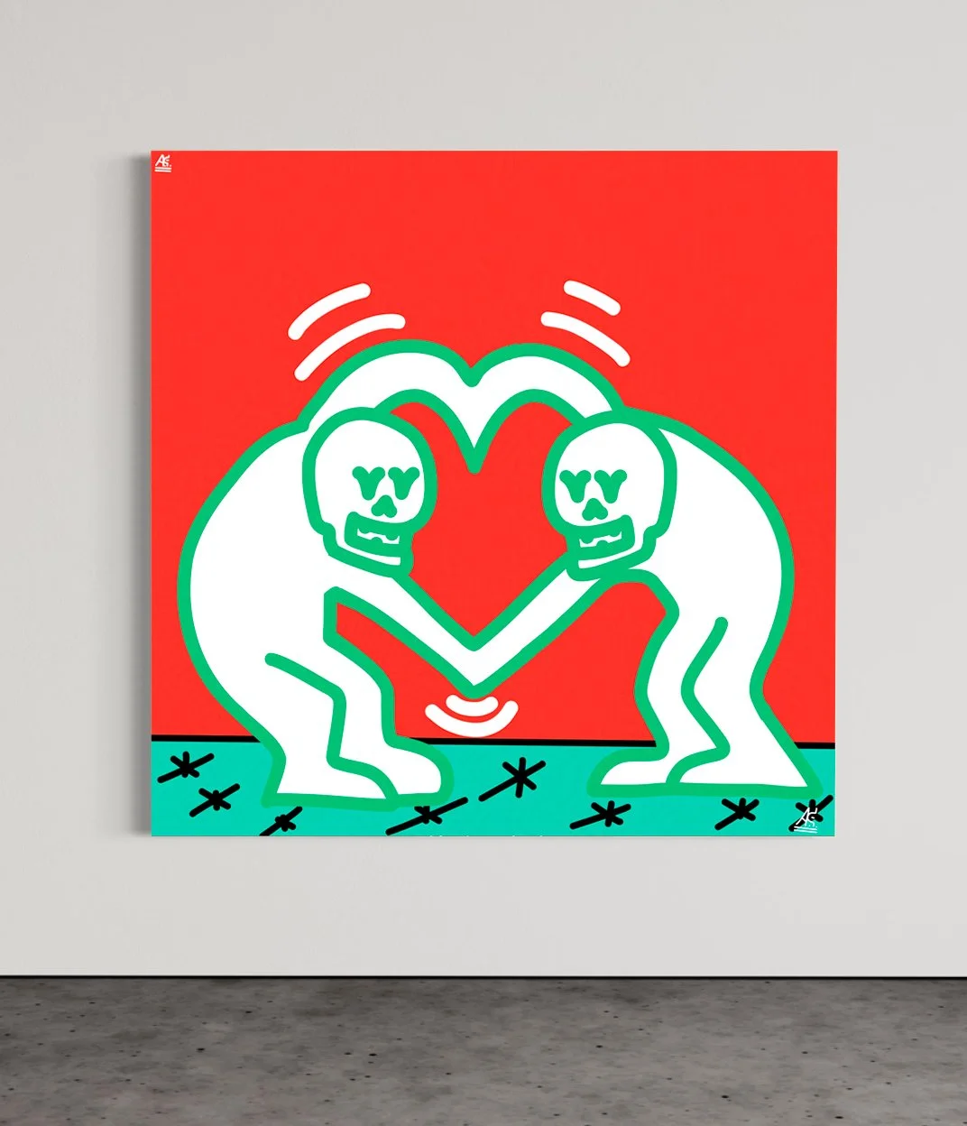 Artwork of two skeletons with skulls and hollow eyes, facing each other, touching with their hands to form a heart shape, drawn in a neon style with bright lines on a red background.