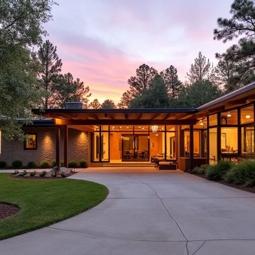 A modern house with large glass windows at sunset, surrounded by trees and a well-maintained lawn.