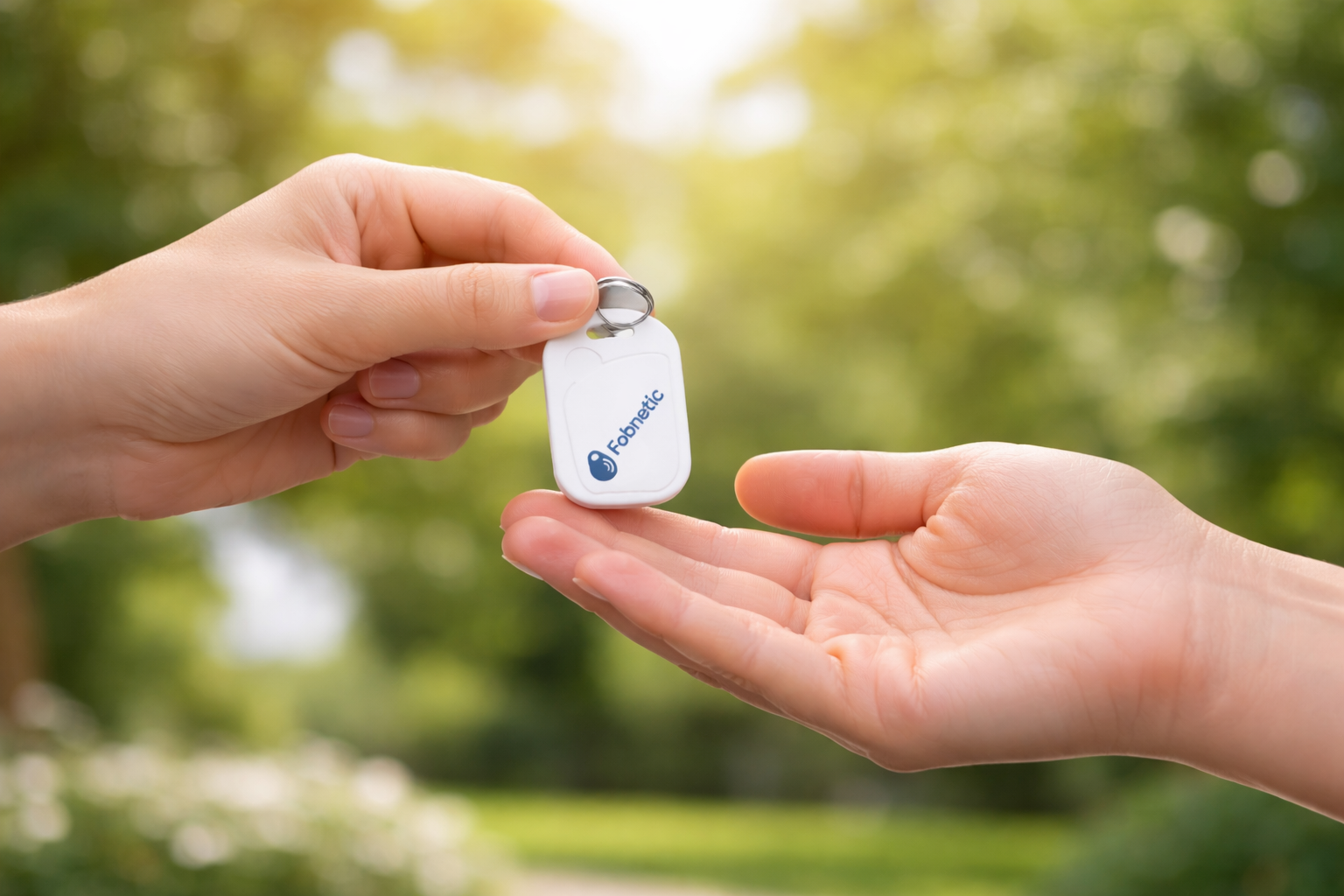 Person handing over a white fobnetic key fob to another person's open hand outdoors with green trees in the background.