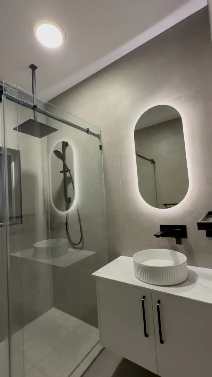 ~ Ashburton ~
A timeless finish for this renovation, removing an old shower over bath and vanity to create a large walk in shower, enormous shower head and plenty of natural light with the addition of a skylight.