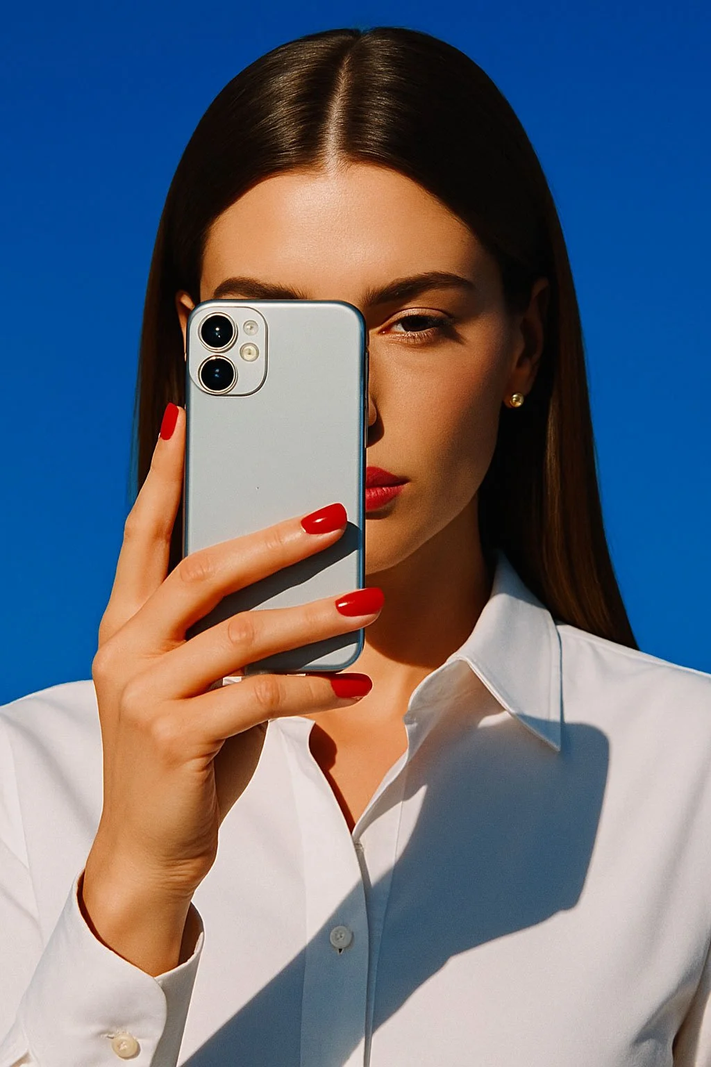 Frau macht ein Selfie mit einem Smartphone vor einem blauen Himmel, trägt weiße Bluse, rote Lippen und Nagellack, goldene Ohrringe.