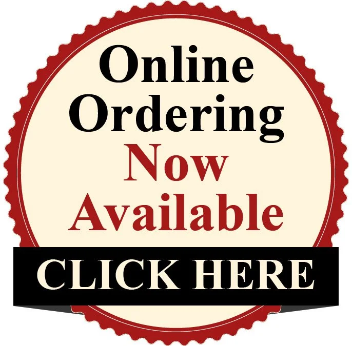 Circular badge with text "Online Ordering Now Available CLICK HERE"