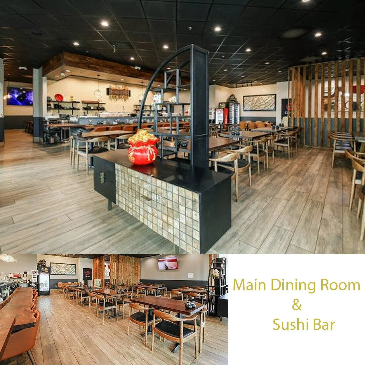 Interior of a modern restaurant with wooden flooring, tables, and chairs; a sushi bar area is visible. The text ‘Main Dining Room & Sushi Bar’ appears in the lower right corner.