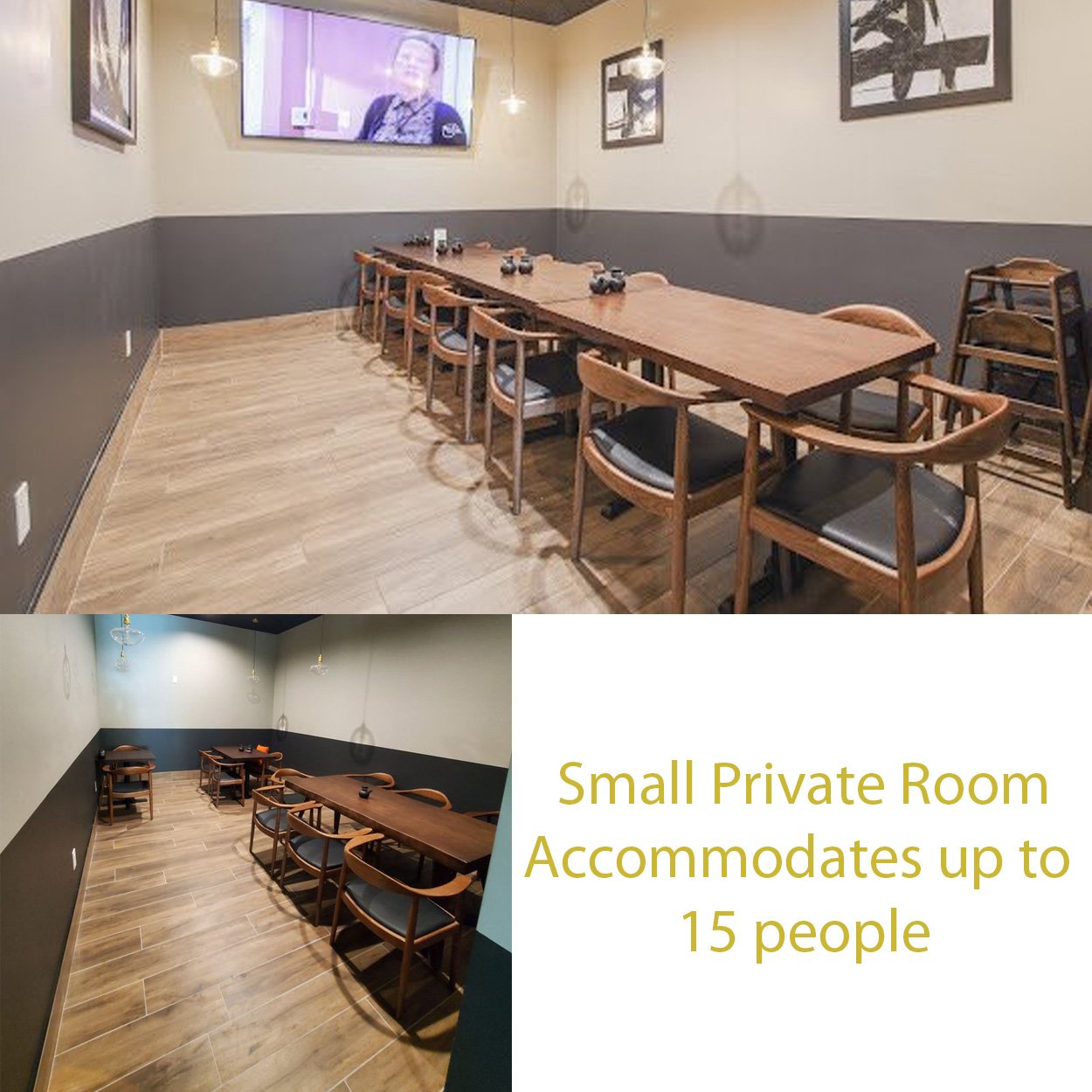 Small private room with tables, chairs, TV, dim lighting, accommodating 15 people.
