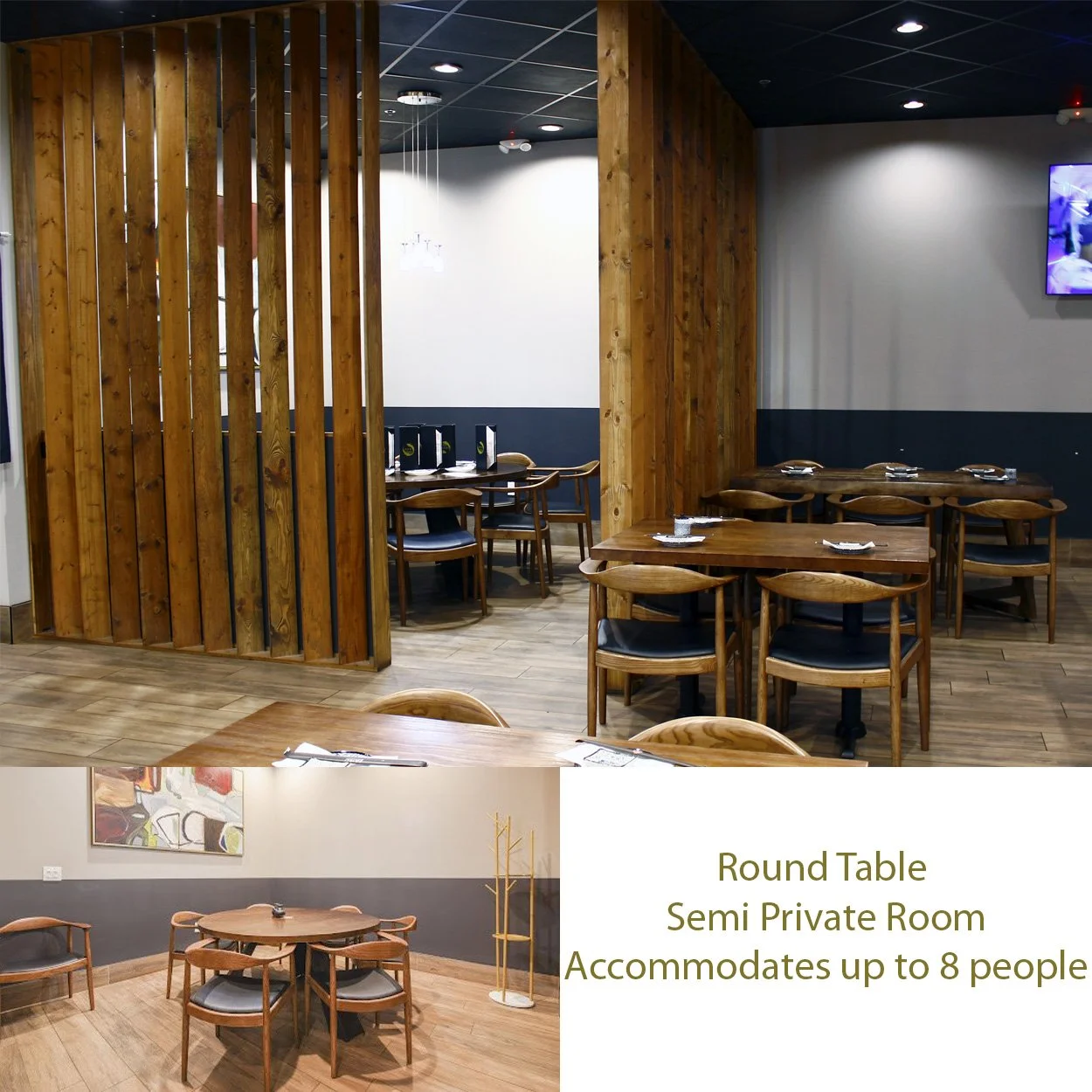 Semi-private dining area with wooden tables and chairs, wooden partition walls, and text indicating it accommodates up to 8 people with a round table setup.