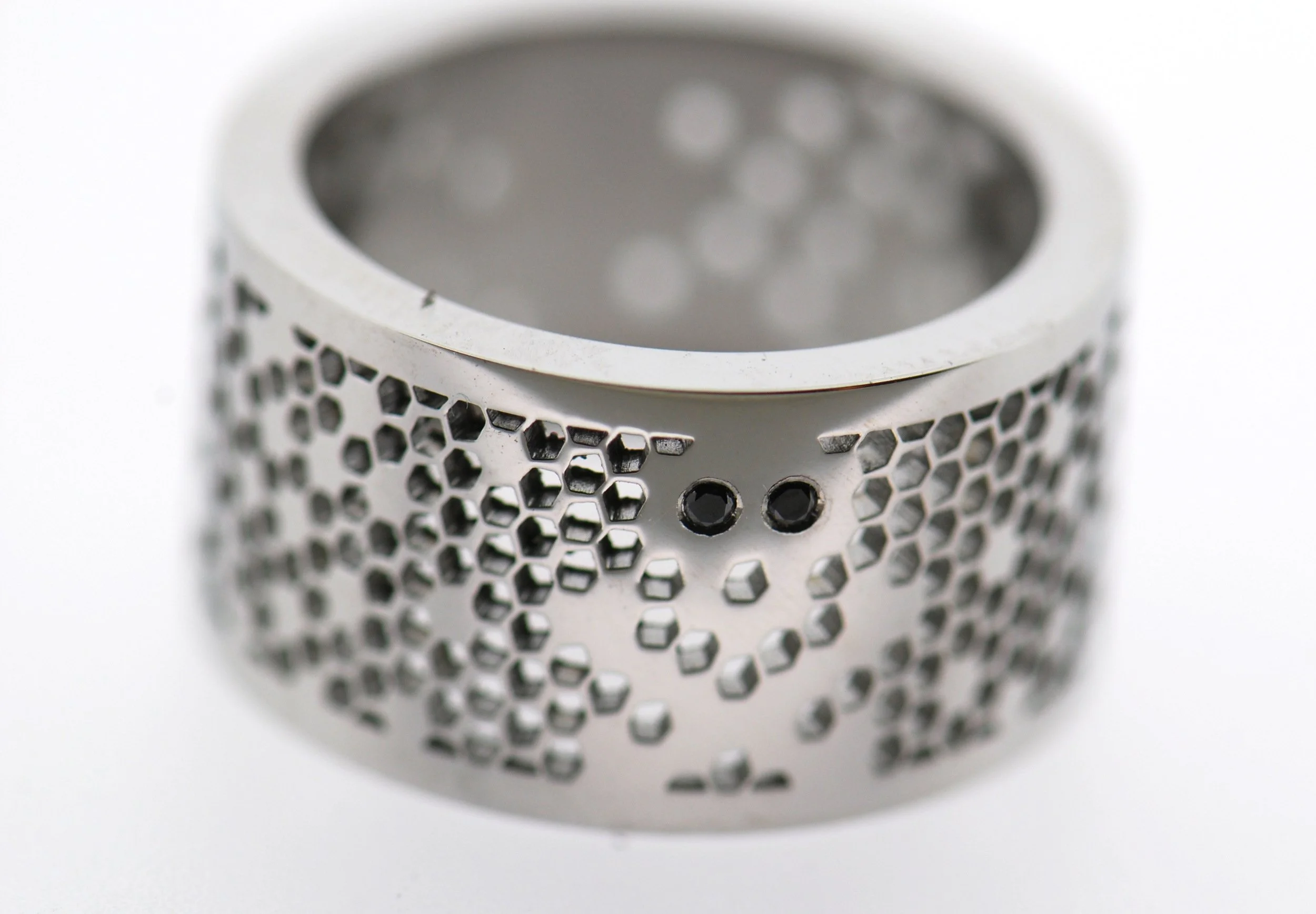 Stainless steel and black diamonds ring