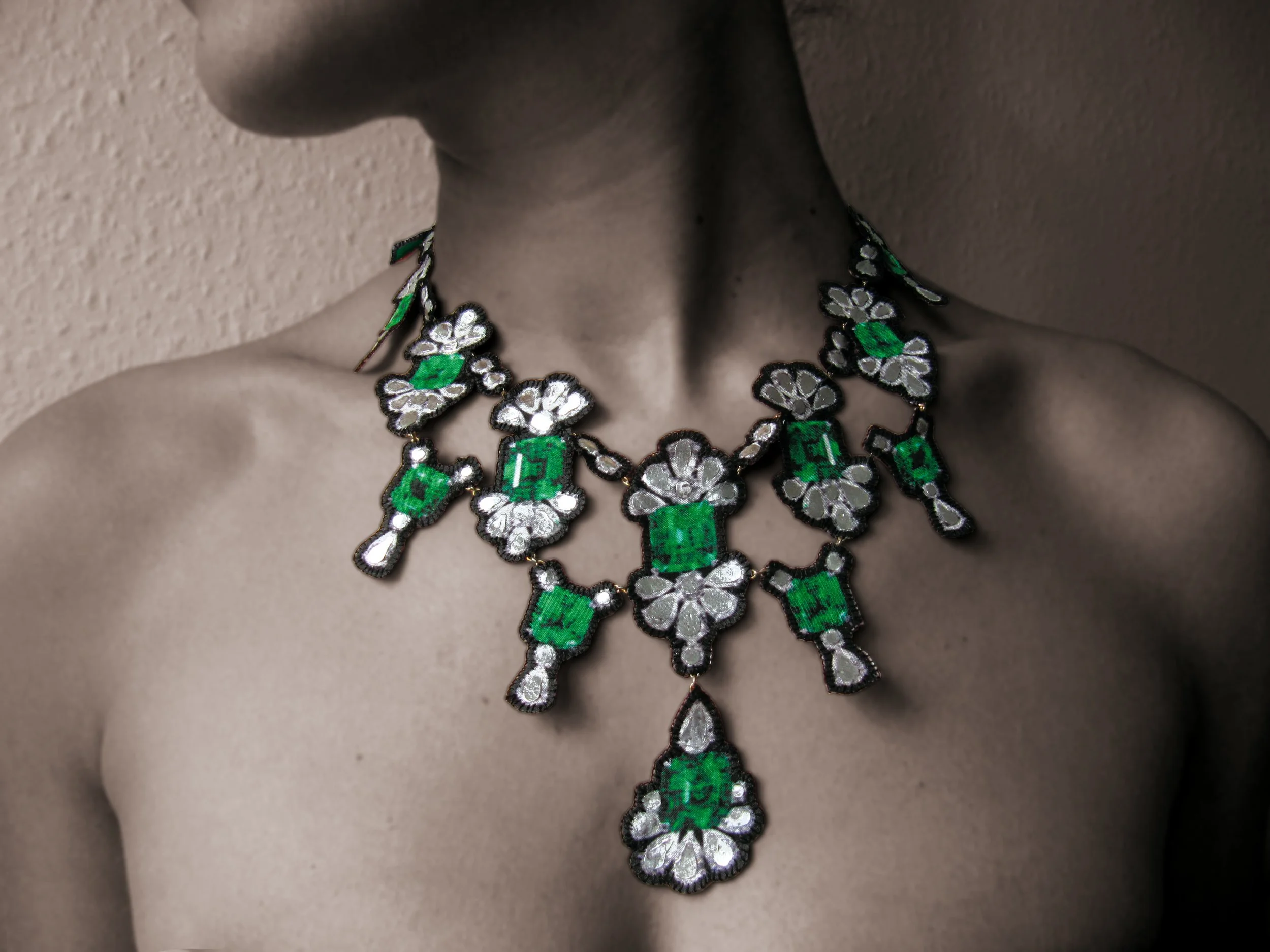 Muzo: printed silk, silver leaf, silver chain