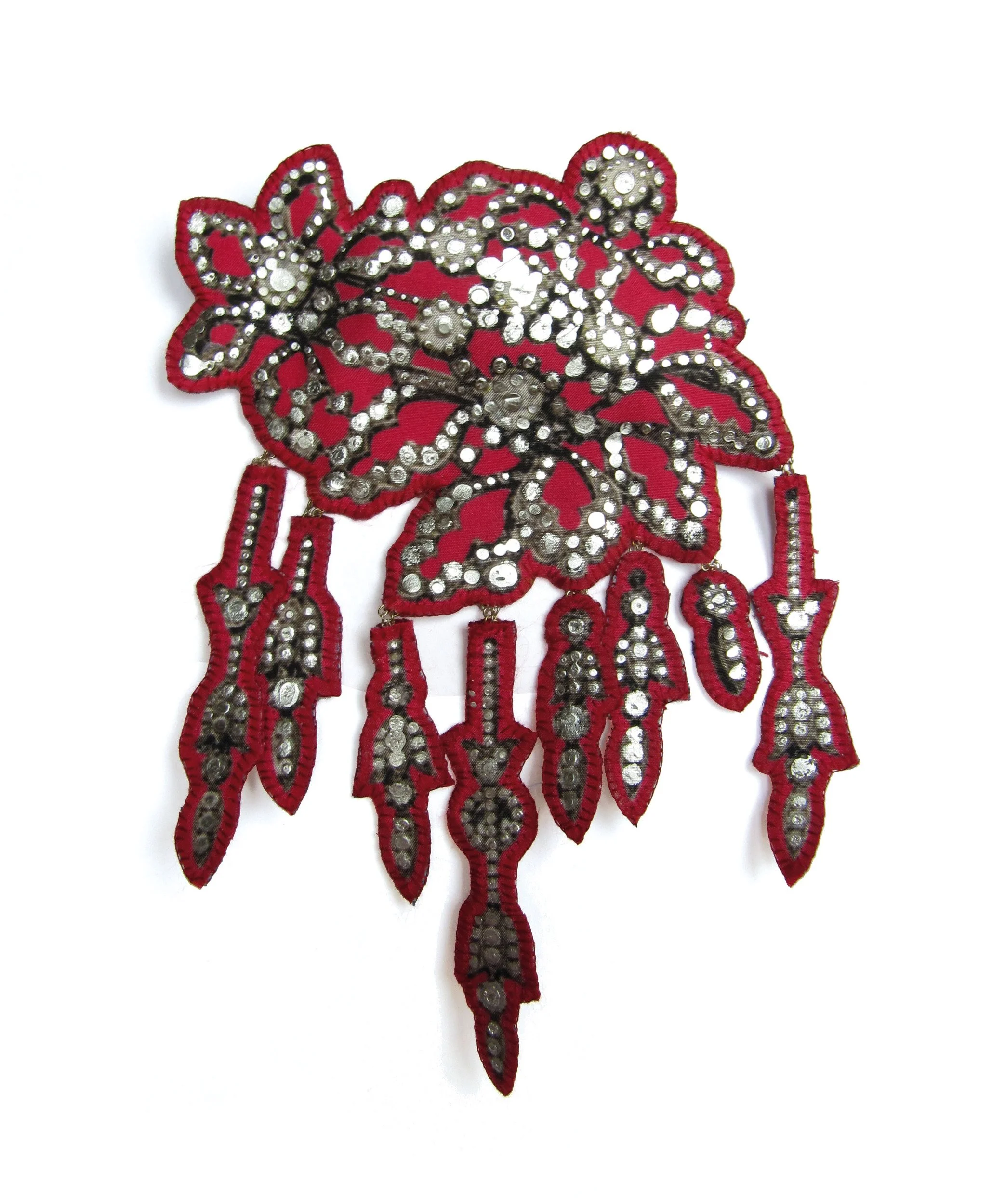 Flora: printed silk, silver leaf, metal brooch