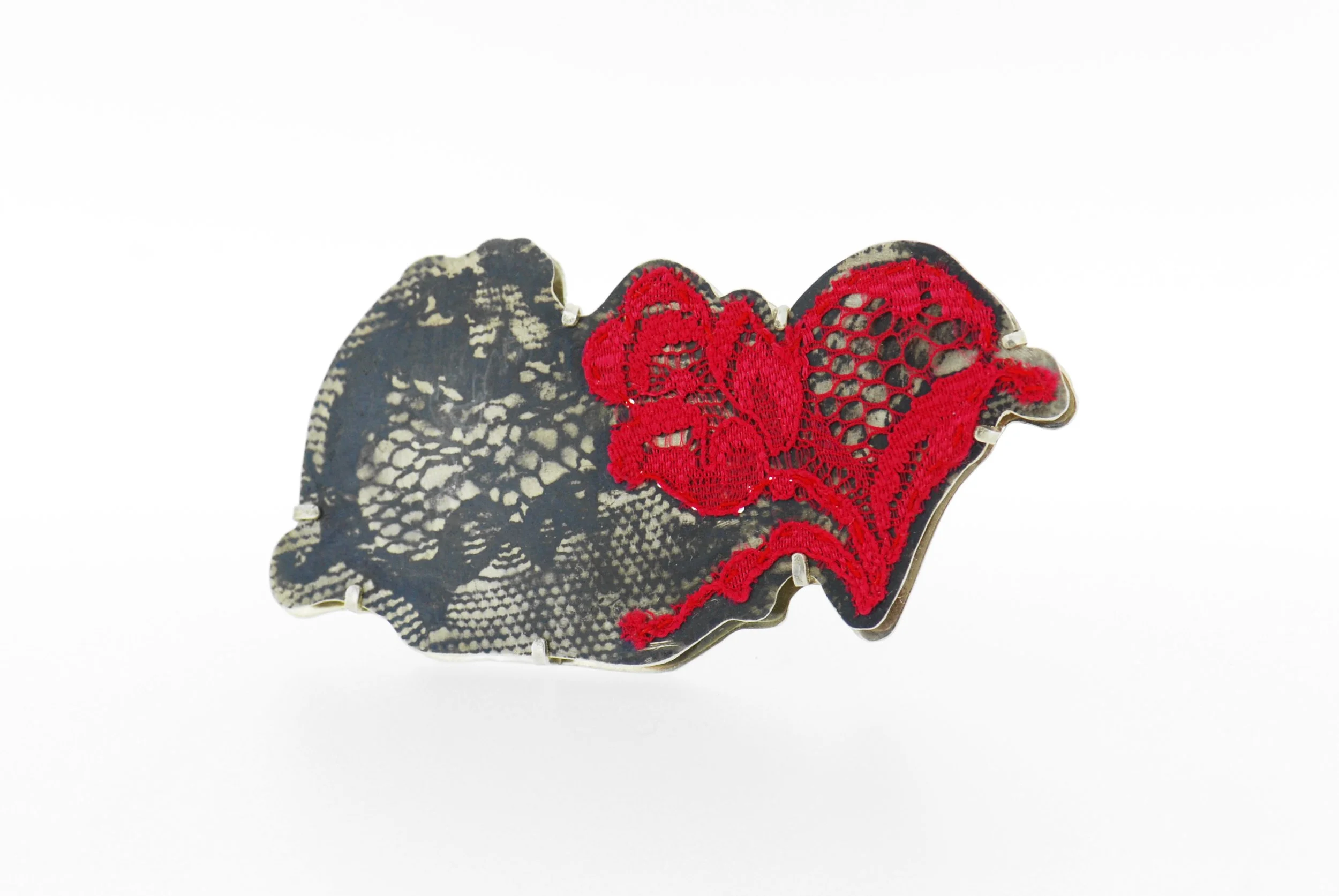 silver, red lace and niello brooch