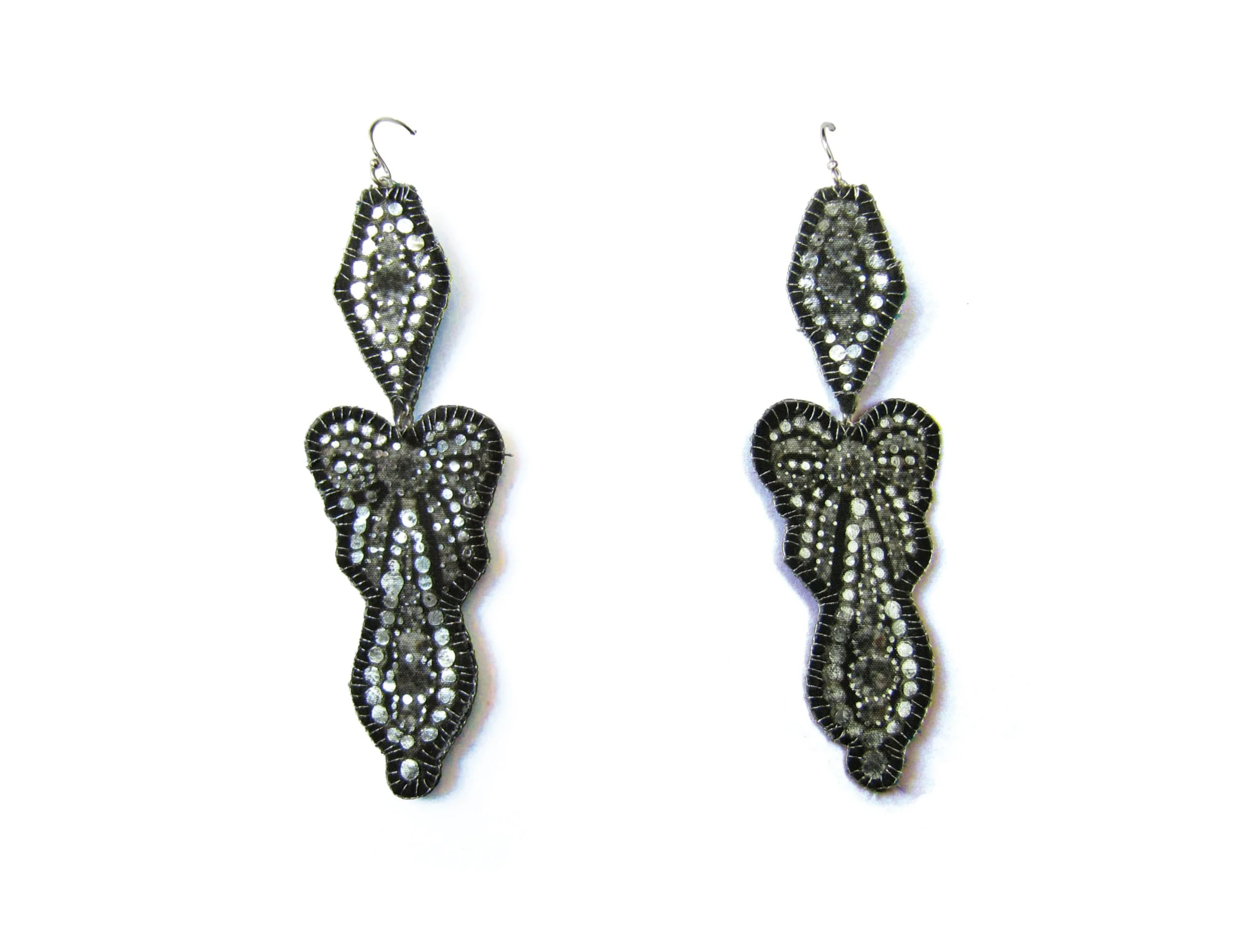 Topazia: printed silk, silver leaf, silver hook