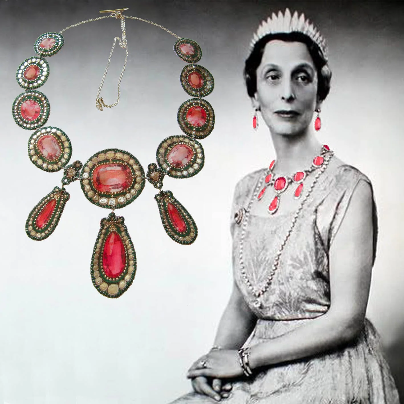 Louise Mountbatten, Queen of Sweden with her Russian pink topaze necklace. The necklace and earrings were owned in early 1800 by the Grand Duchess Maria Pavlovna a daughter of the Tsar Paul 1 of Russia.