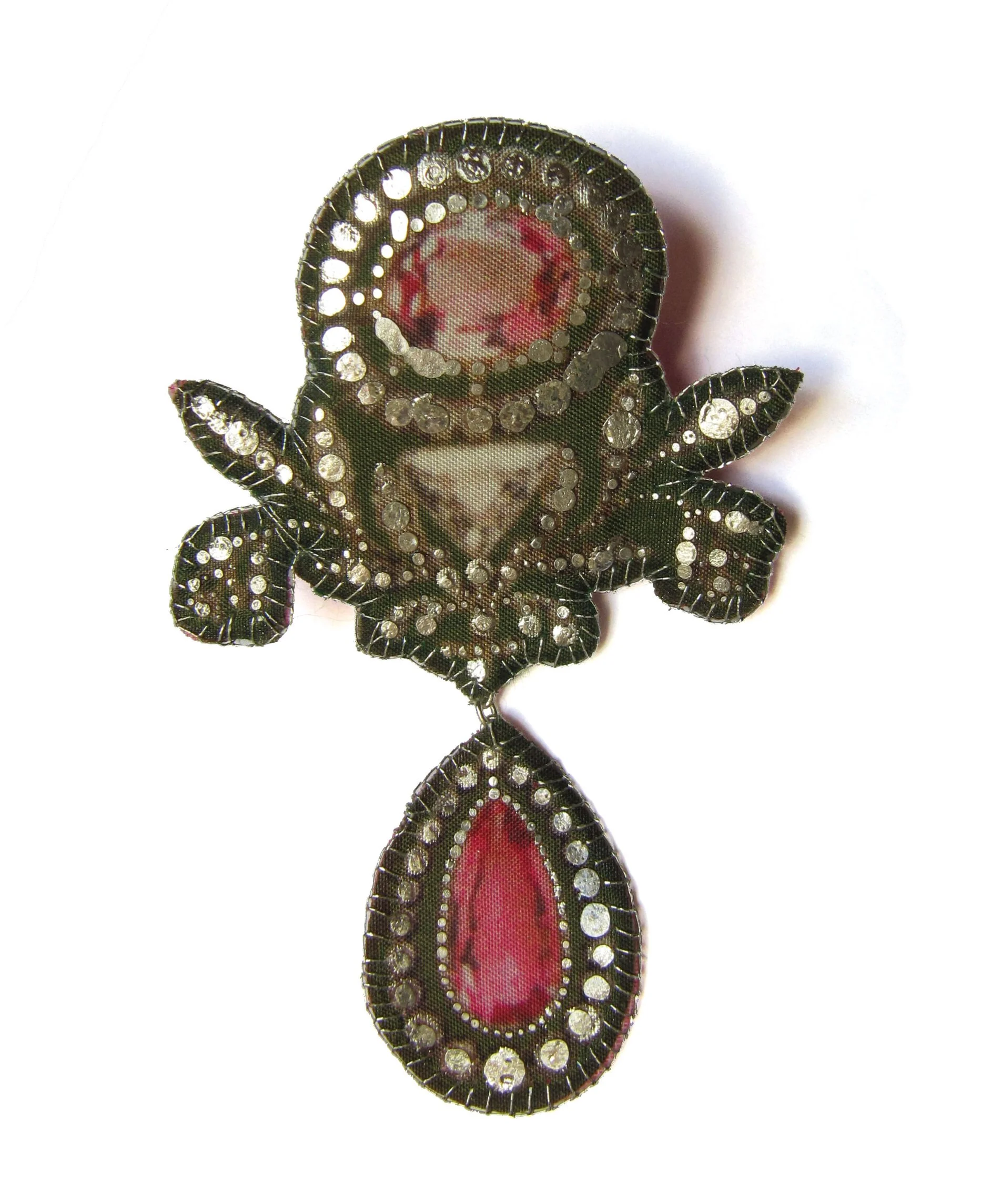 Pavlovna: printed silk, silver leaf, metal brooch