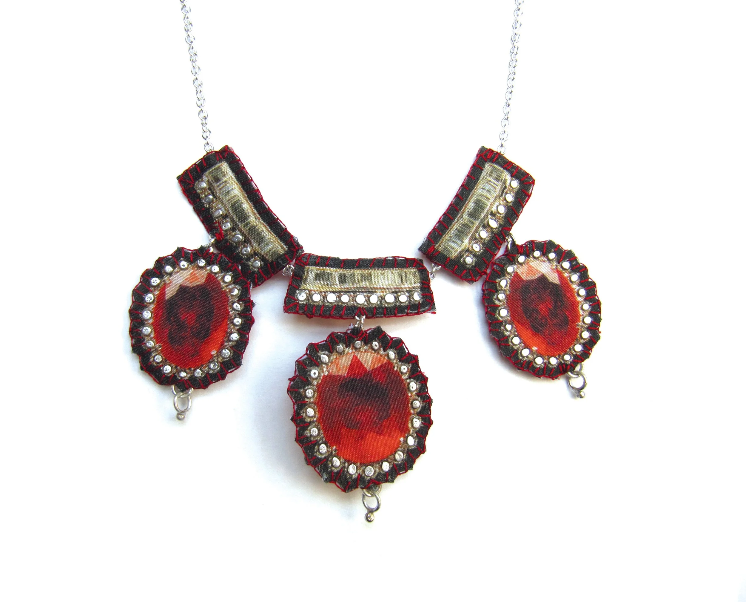 Ruby: small necklace. Printed silk, silver leaf, silver chain