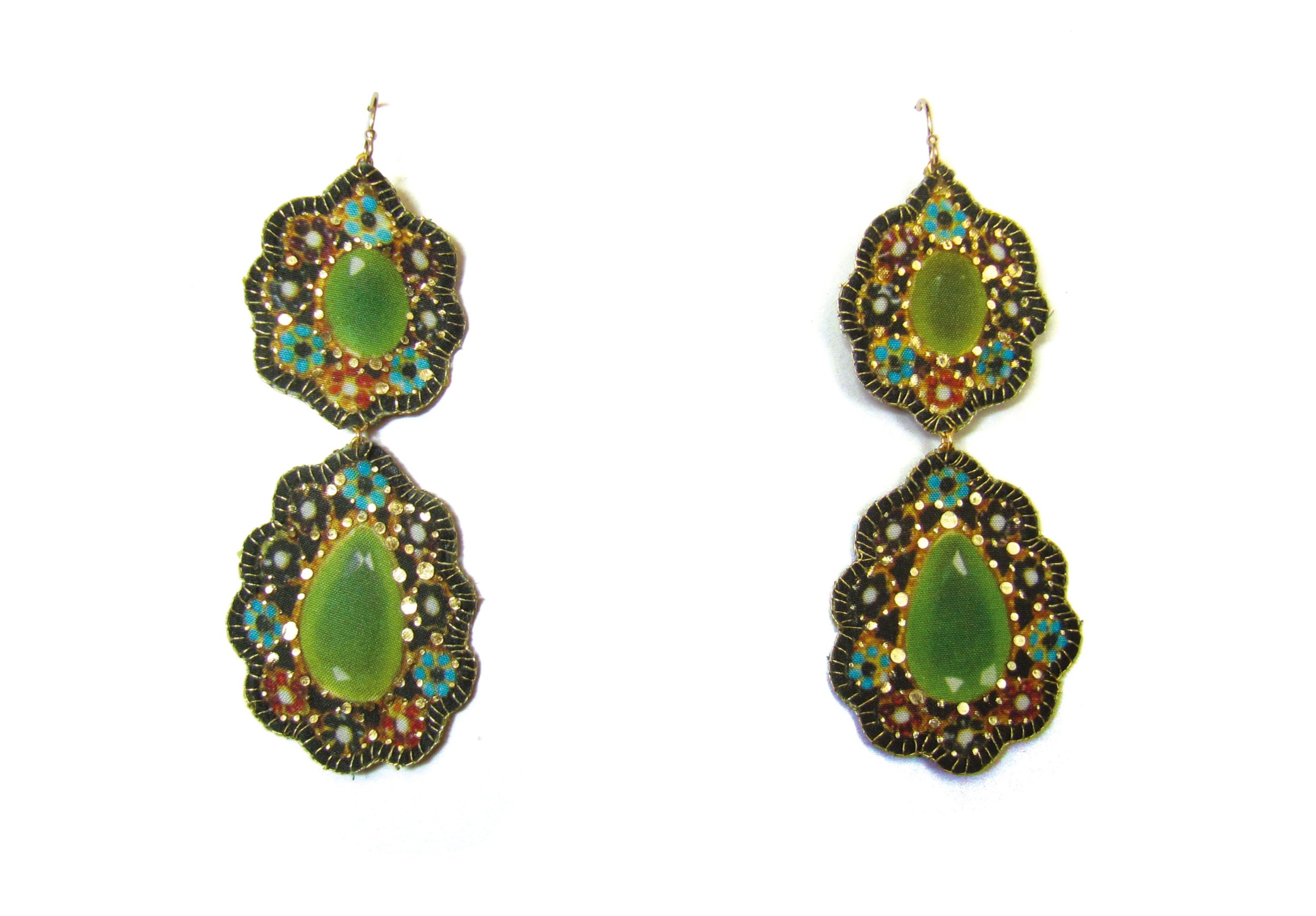 Chrysoprase: printed silk, gold leaf, gold plated hook