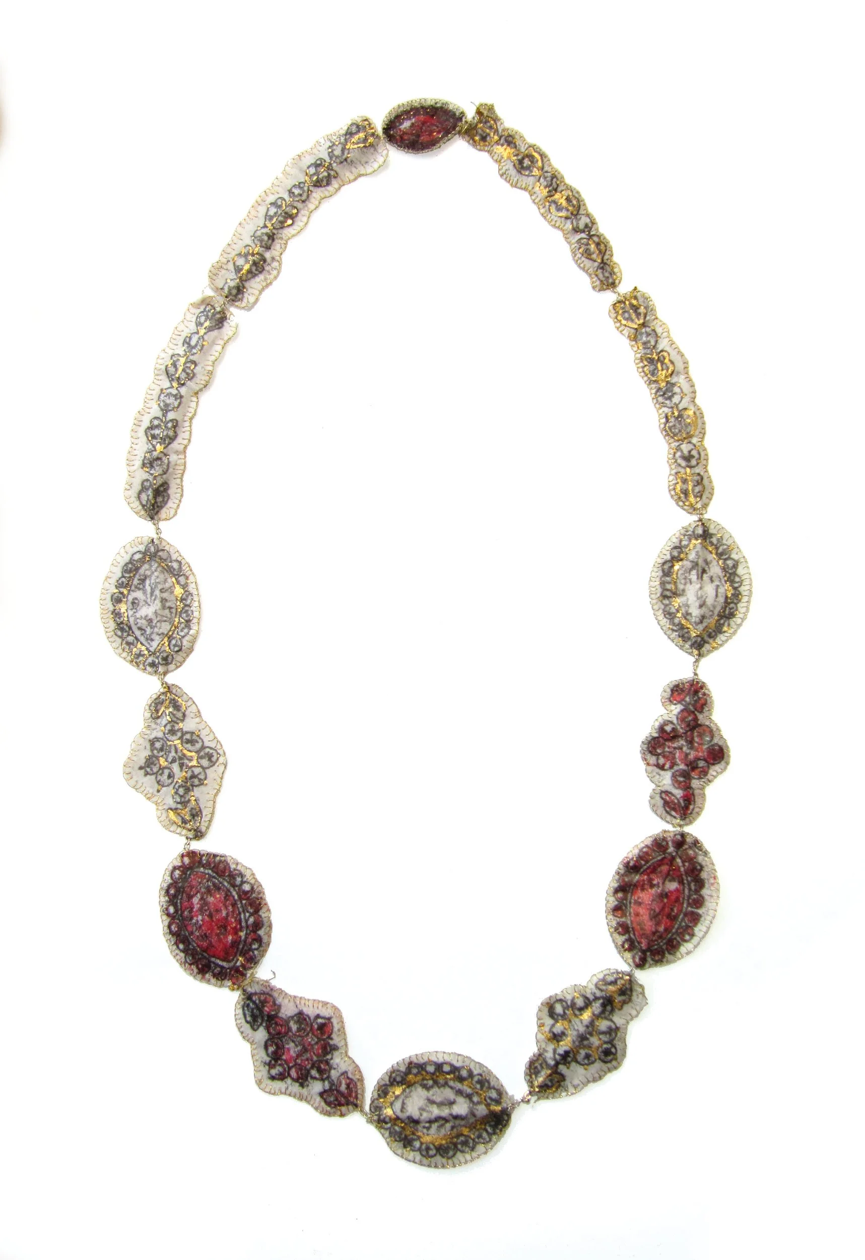 Theodora necklace, monoprint on paper, gold leaf and chain