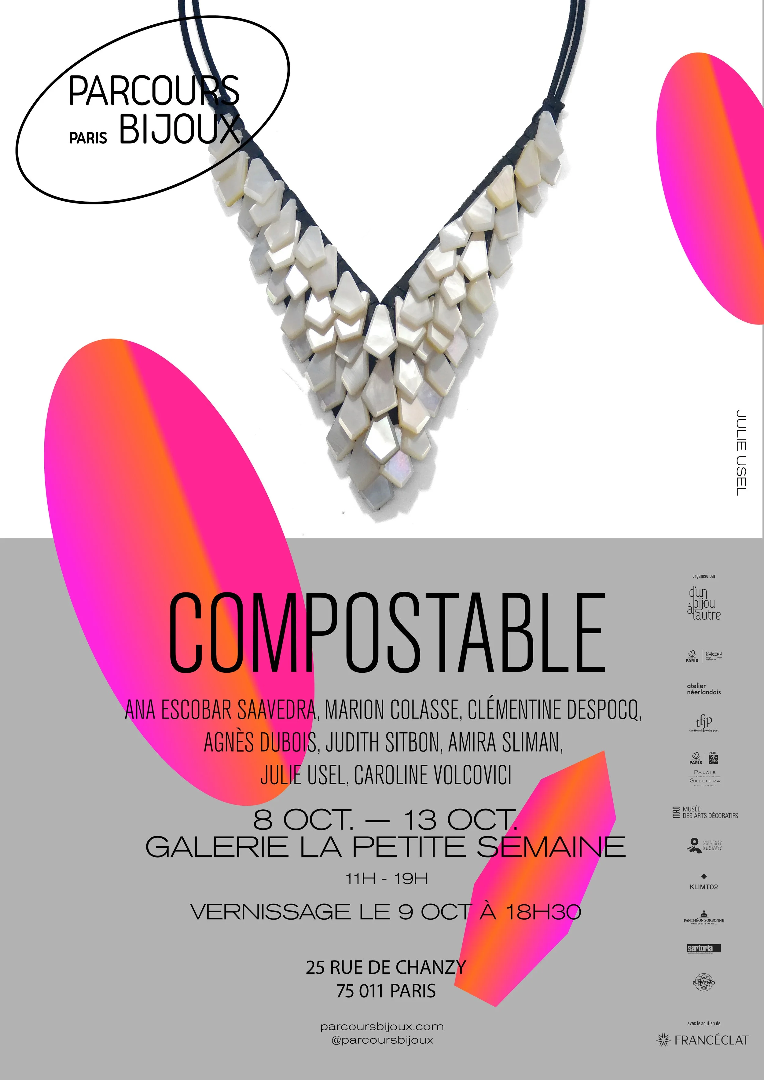 COMPOSTABLE, an exhibition curated by Clémentine Despocq for PARCOURS BIJOUX 2026, at the Galerie La Petite Semaine, from the 8th to the 13th of October.
