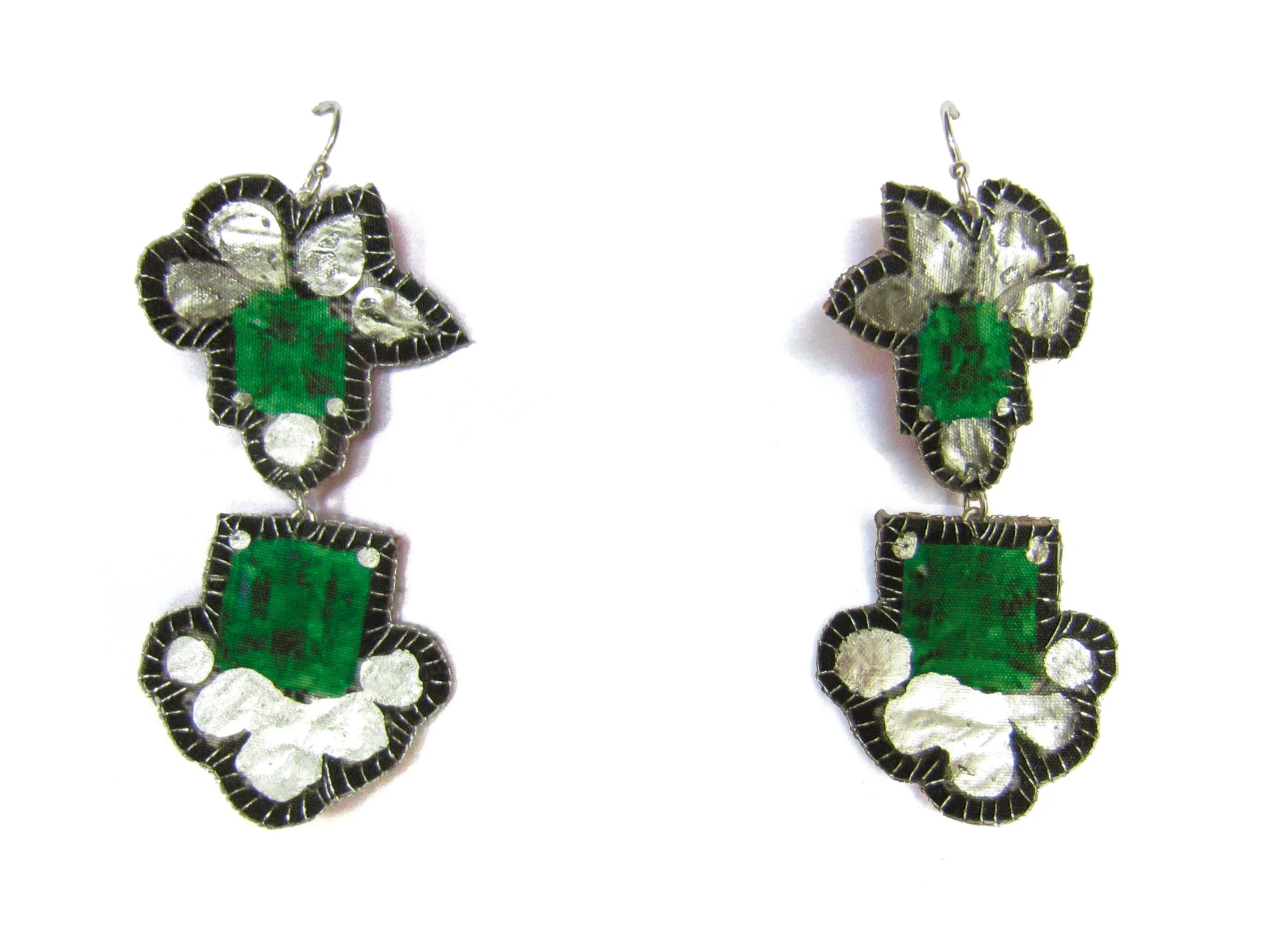 Muzo: printed silk, silver leaf, silver hook