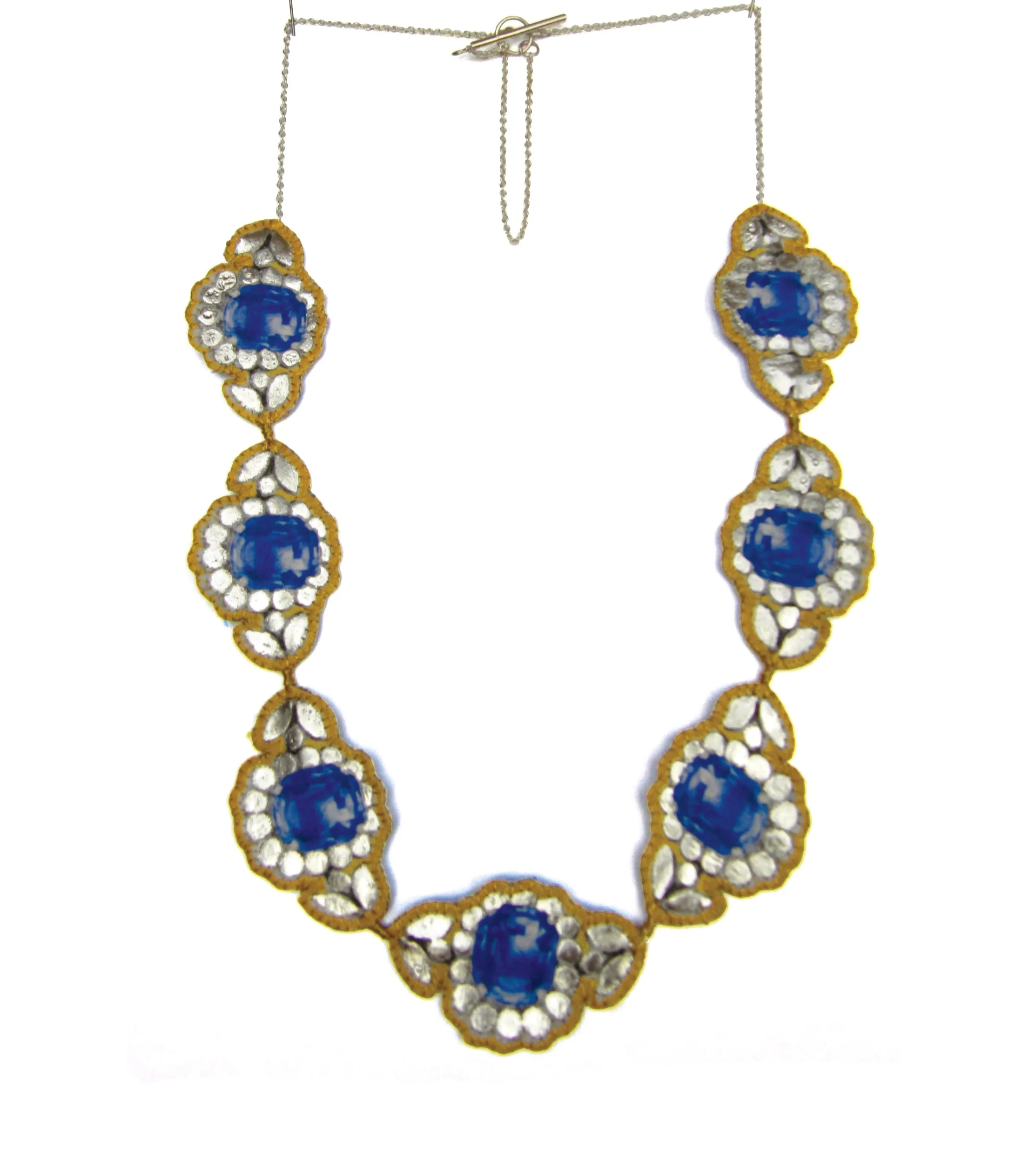 VanCleefness: printed silk, silver leaf, silver chain

