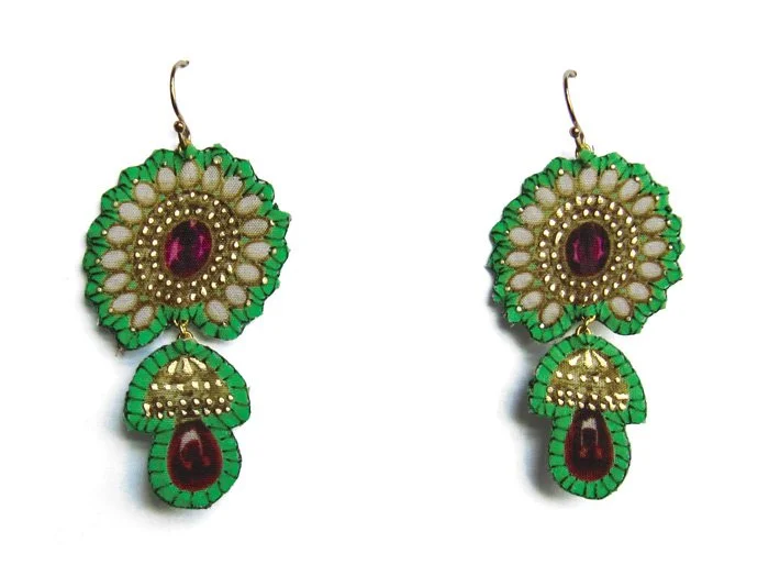 Moti: printed silk, gold leaf, gold plated hook
