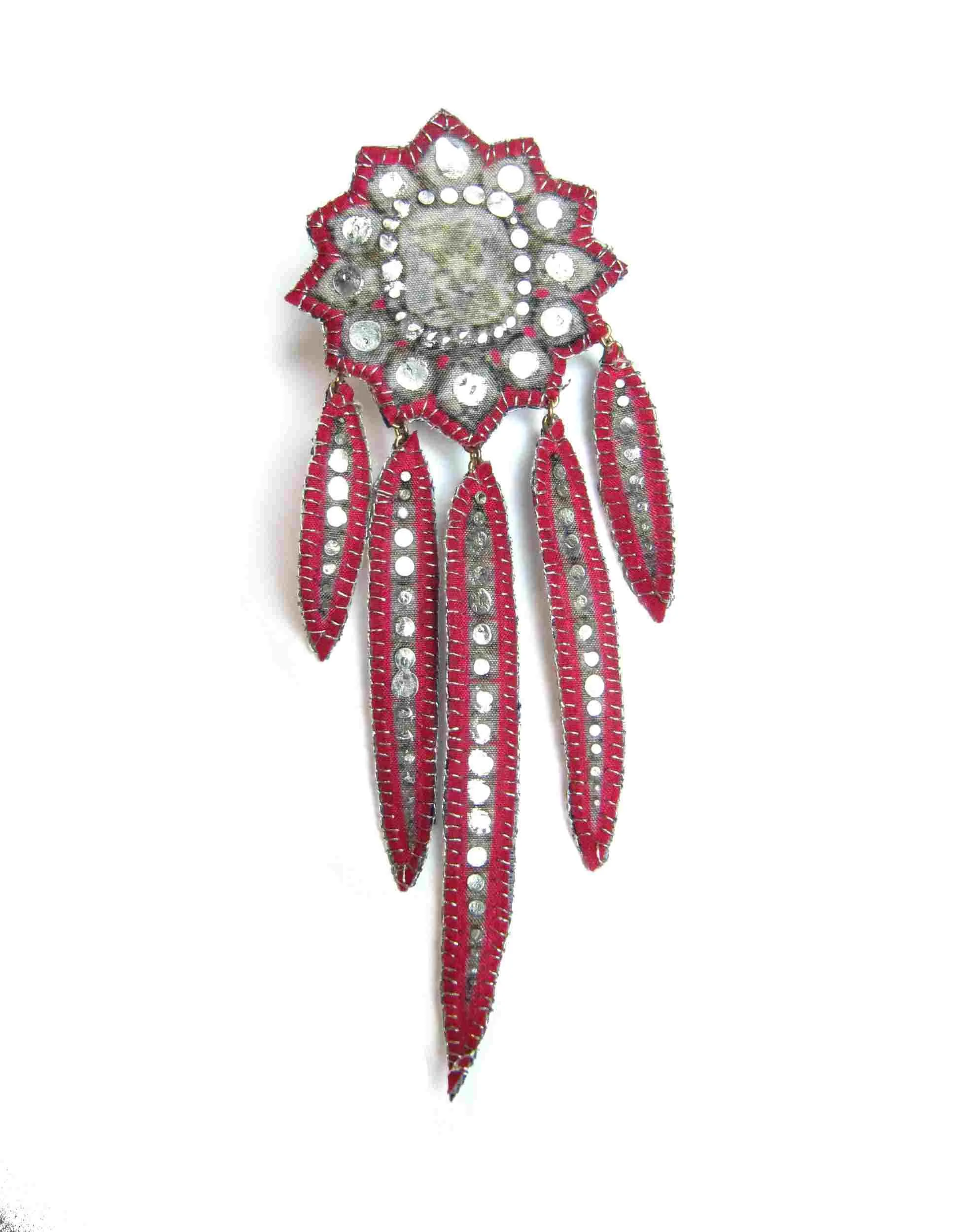 Victoria's fringe: printed silk, silver leaf, metal brooch
