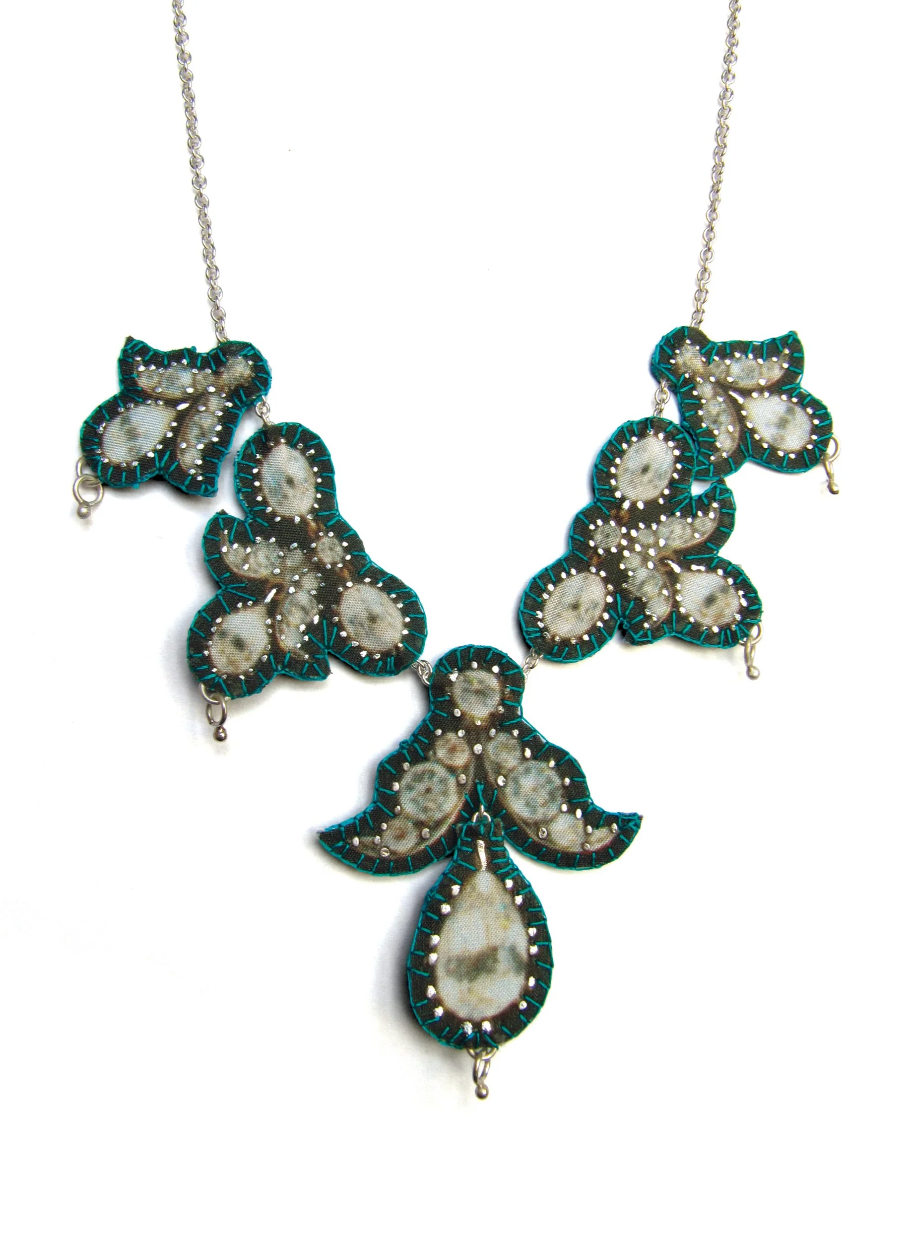 Joana (small): printed silk, silver leaf, silver chain