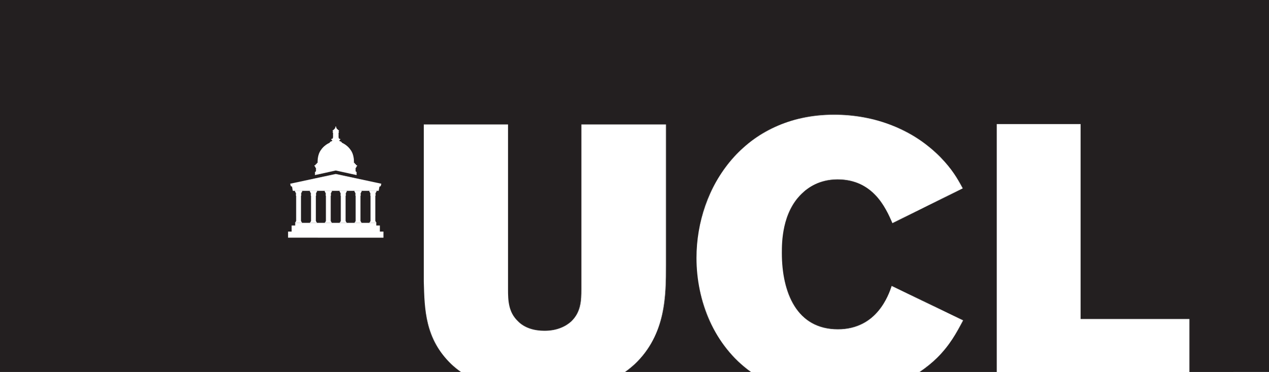 Black background with white text that reads 'UCL' and a white silhouette of a domed building to the left of the text.