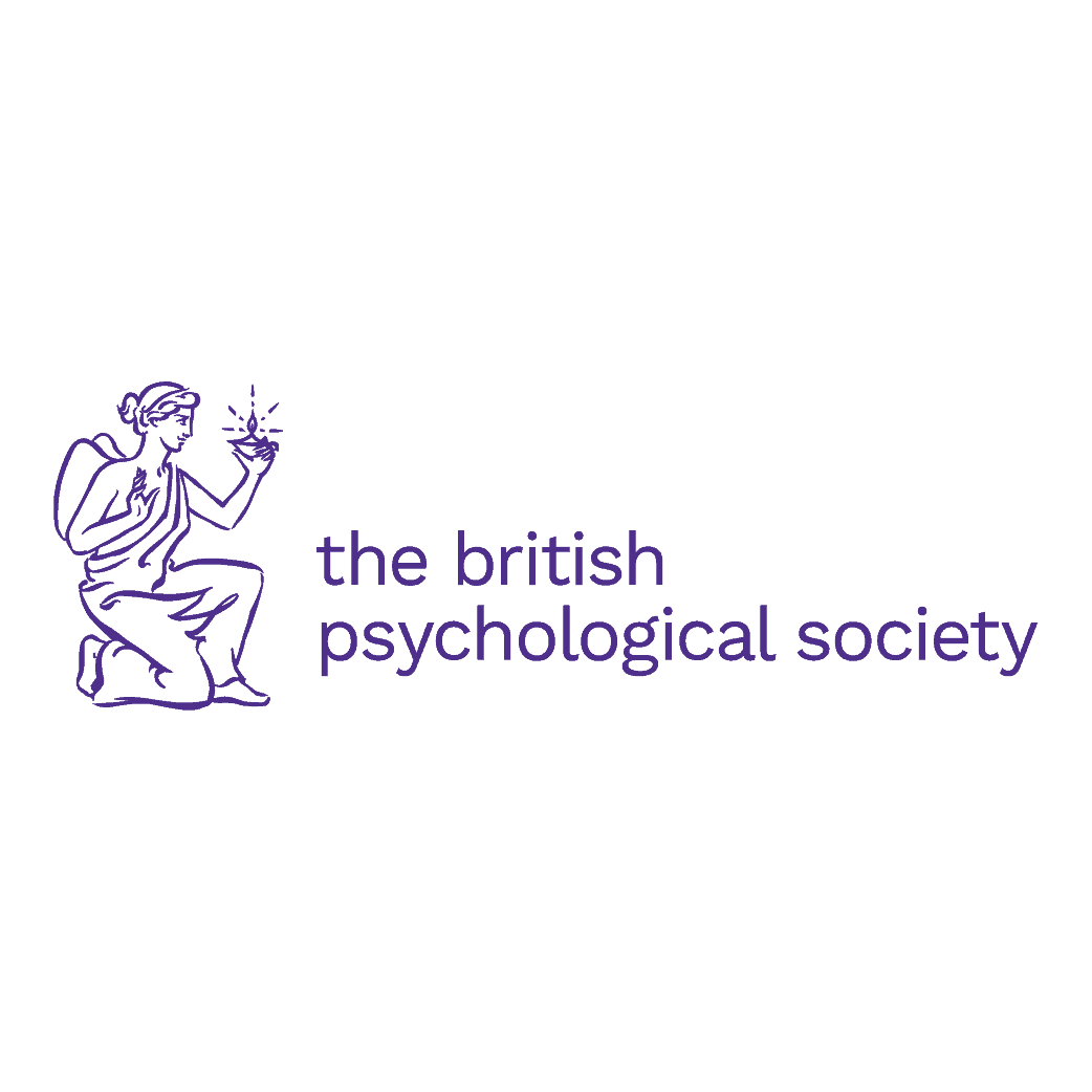 Logo for the British Psychological Society featuring a purple line drawing of a seated figure holding a small flame or spark and the society's name in purple text.