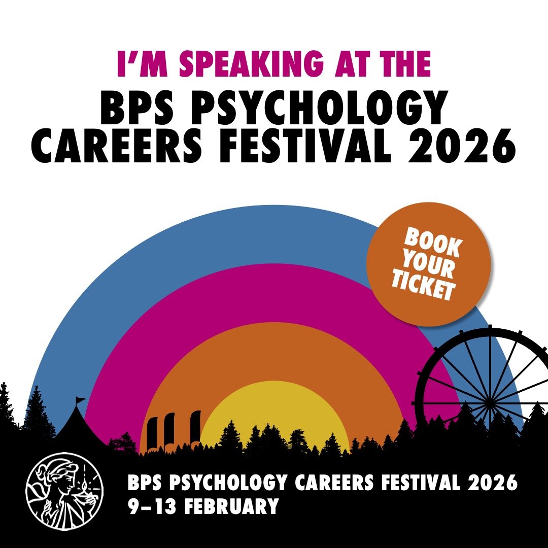 Event poster for the BPS Psychology Careers Festival 2026, featuring colorful rainbow arcs, a ferris wheel, and trees, with a call to action to book tickets.