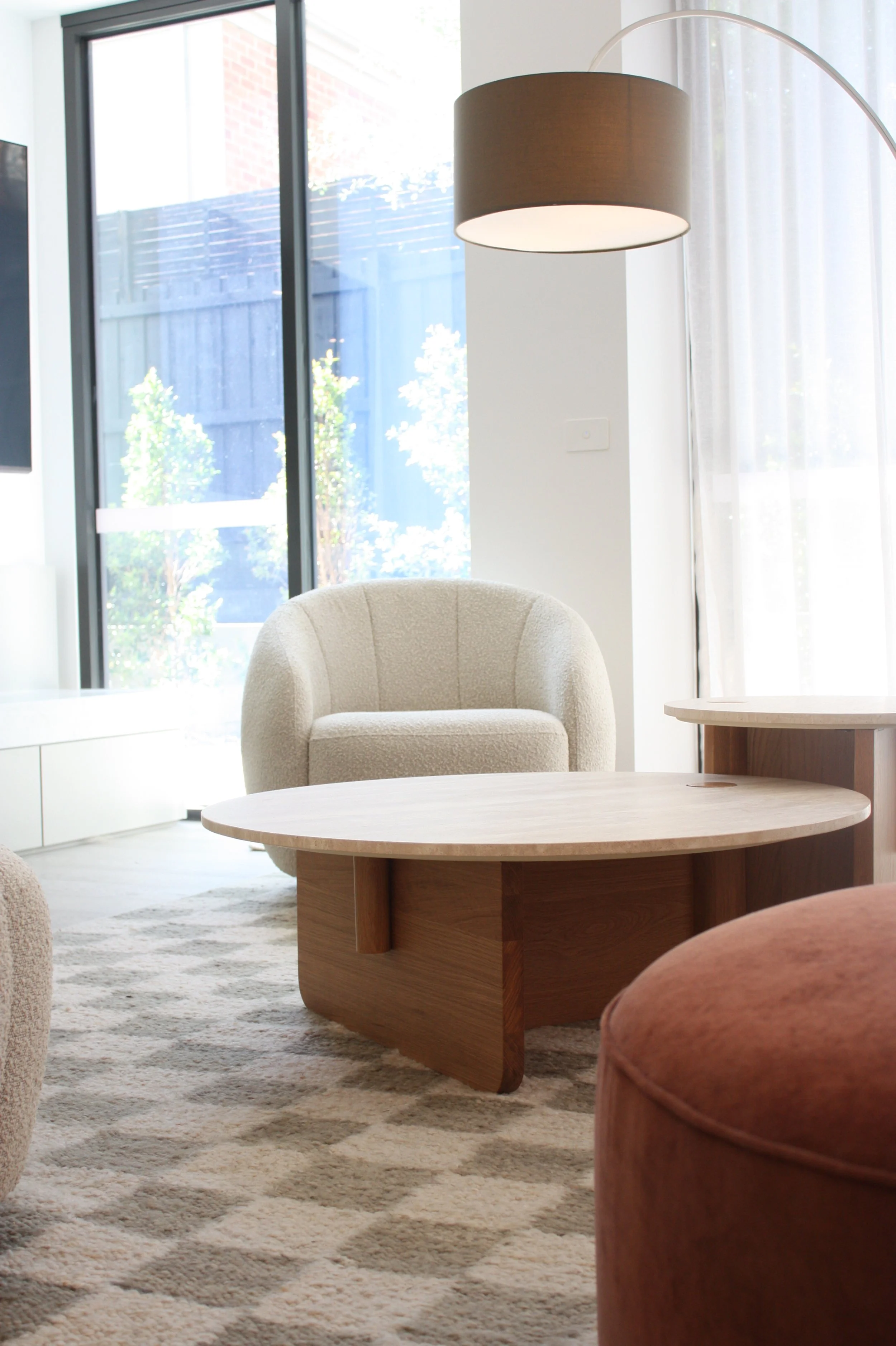 Serpells Place Apartment in Templestowe open plan living rom decorated and styled in an MCM fashion 