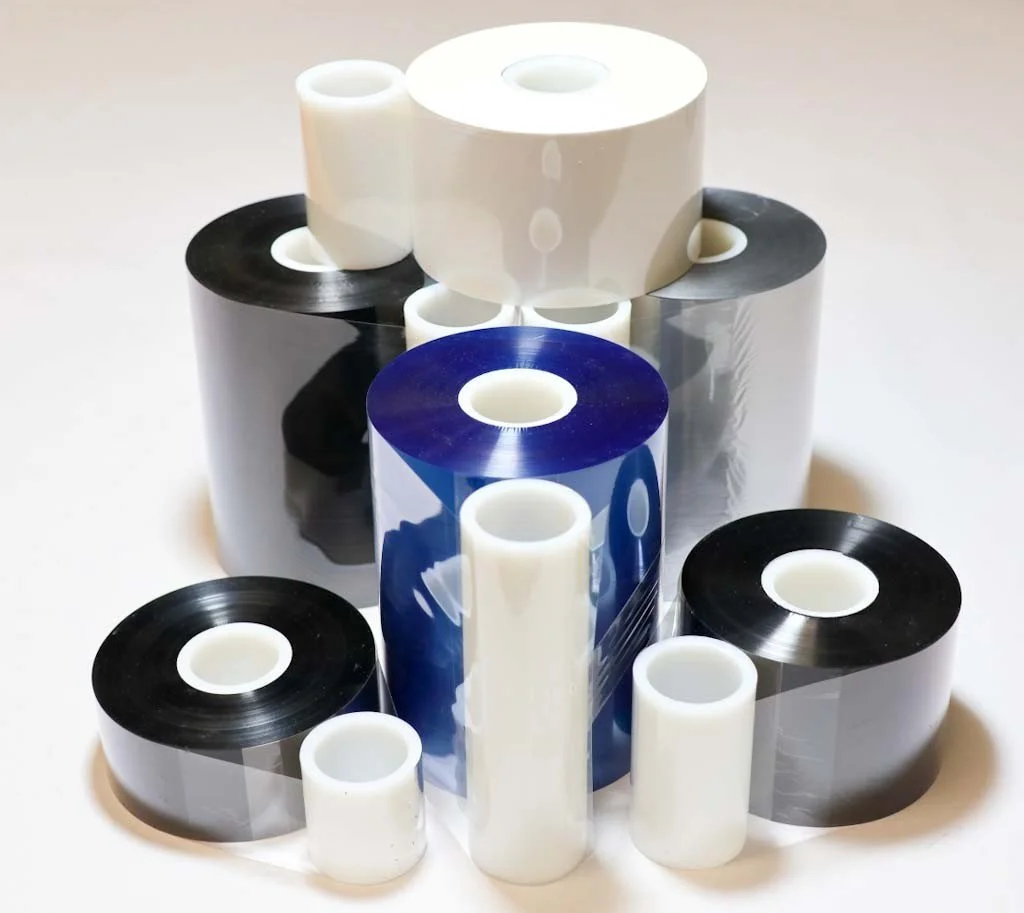 Close-up of rolls of plastic film in black, gray, and white, with textured patterns, stored on a production line.