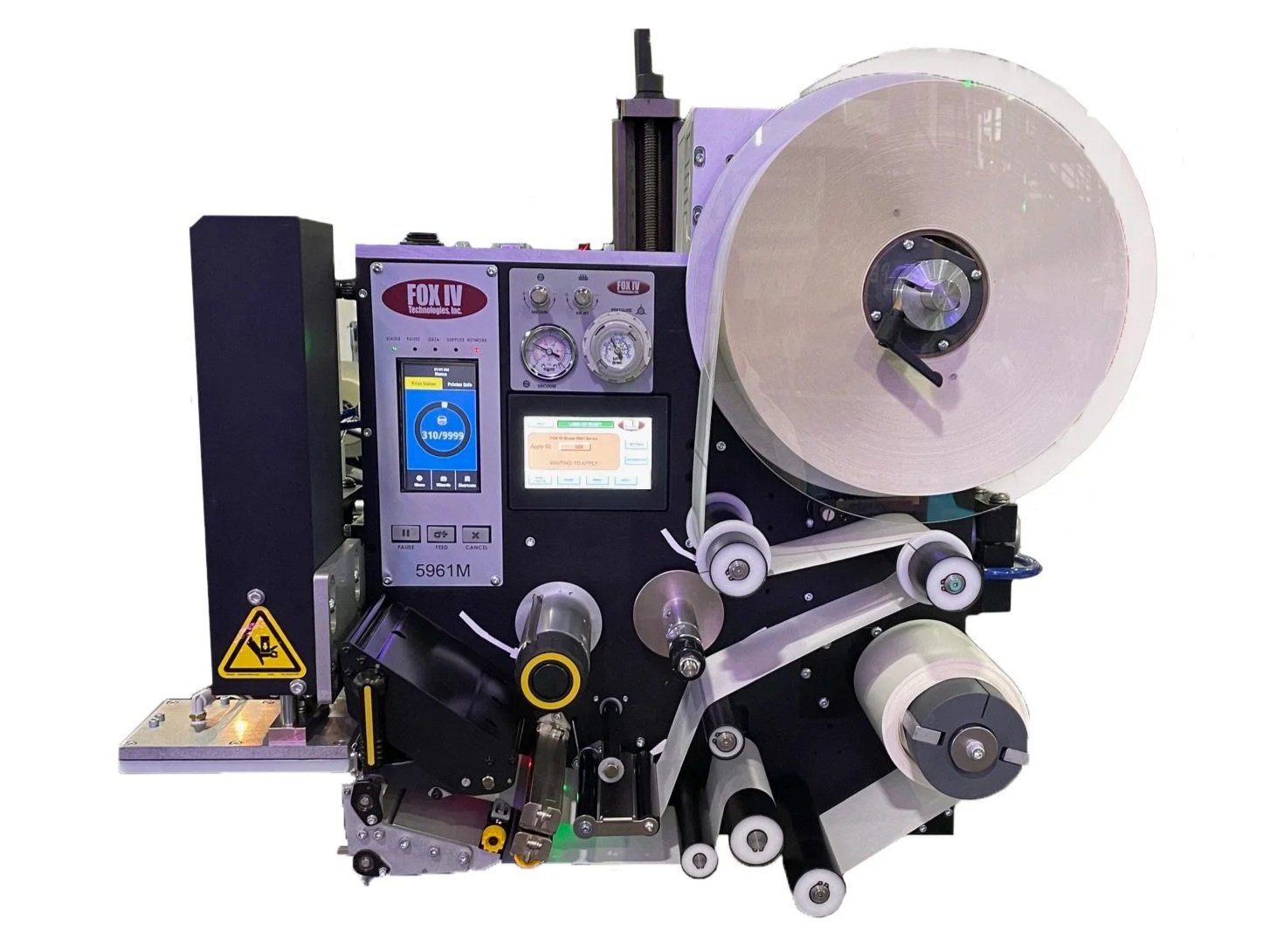 Automated label printer machine with digital control panel and spool of label paper.