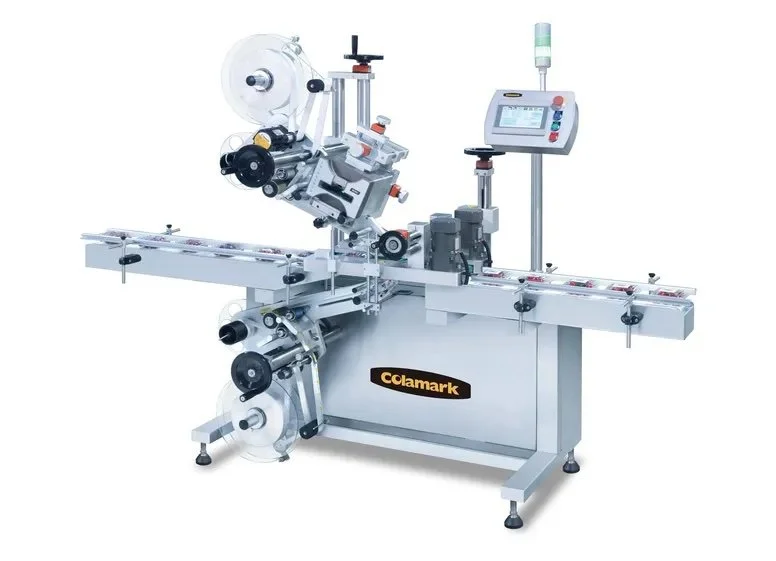 Automated labeling and sealing machine with conveyor belt and digital control panel.