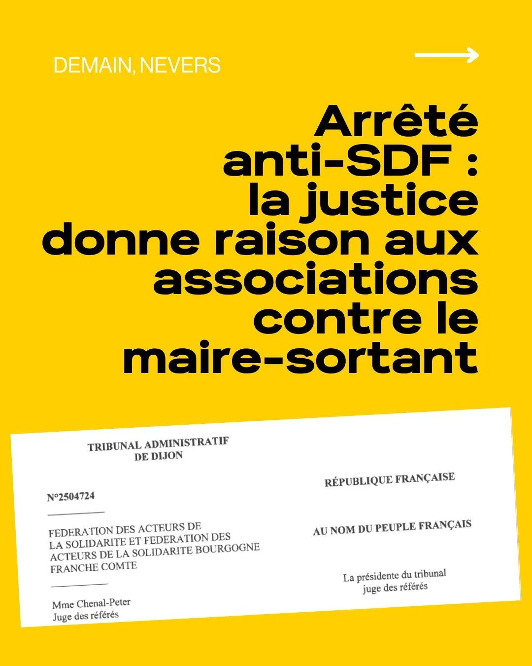 Arr&ecirc;t&eacute; anti-mendicit&eacute; : la politique d&rsquo;exclusion du maire sortant suspendue par la justice 

🚫 Le 31 d&eacute;cembre, le Tribunal administratif de Dijon a suspendu l&rsquo;arr&ecirc;t&eacute; anti-mendicit&eacute; en vigueu