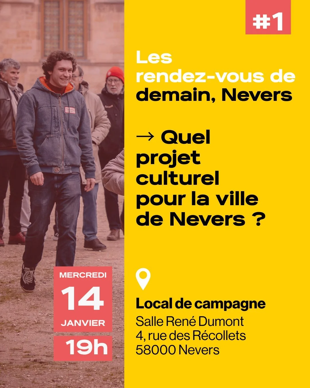 👉 Les rendez-vous de Demain Nevers
Quel projet culturel pour la ville de Nevers ?

📅 Mercredi 14 janvier &agrave; 19h
📍 Local de campagne &ndash; Salle Ren&eacute; Dumont
4, rue des R&eacute;collets, 58000 Nevers

Ce premier rendez-vous marque le 