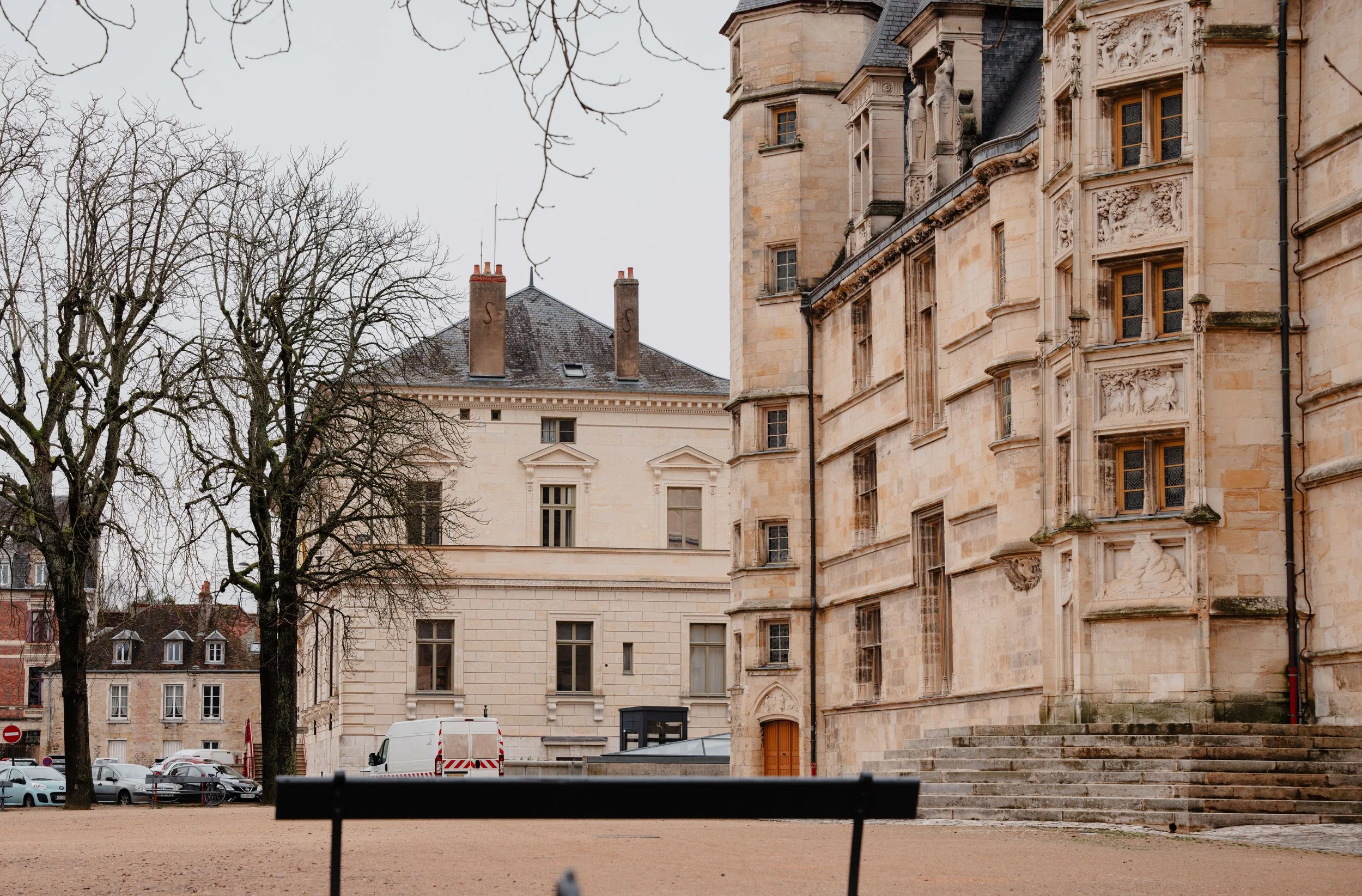 Vue d'un bâtiment historique en pierre avec des détails architecturaux complexes, arbres sans feuilles, et une place devant avec une série de voitures et un banc.