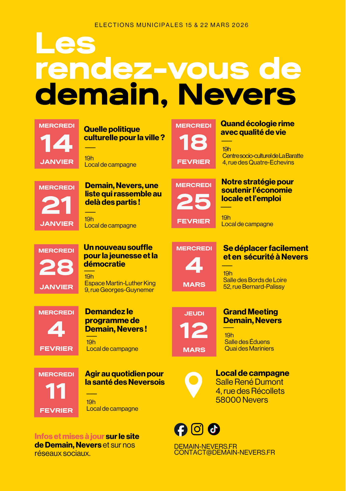 Affiche annonçant les rendez-vous de demain à Nevers pour les élections municipales des 15 et 22 mars 2026, avec différentes dates et thèmes de réunions publiques.