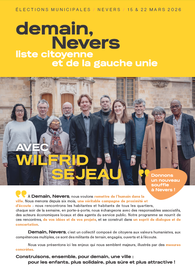 Affiche électorale jaune pour les élections municipales de Nevers en mars 2026, avec une photo de neuf personnes, hommes et femmes, de différents âges, posant devant un bâtiment historique.