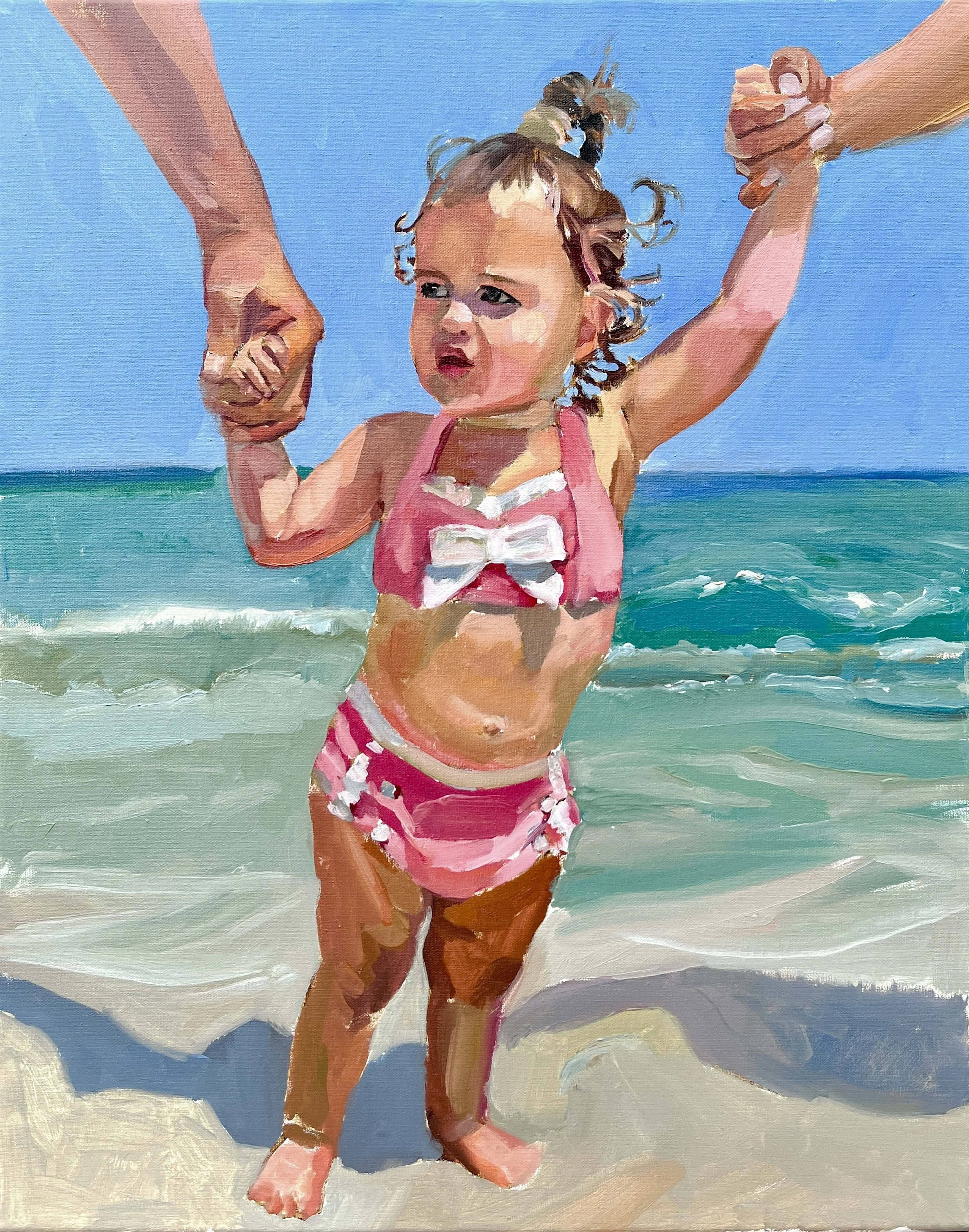 Impressionist oil painting of toddler holding grandparents hands at Kua Bay in Hawaii by Laura Jane Fine Art