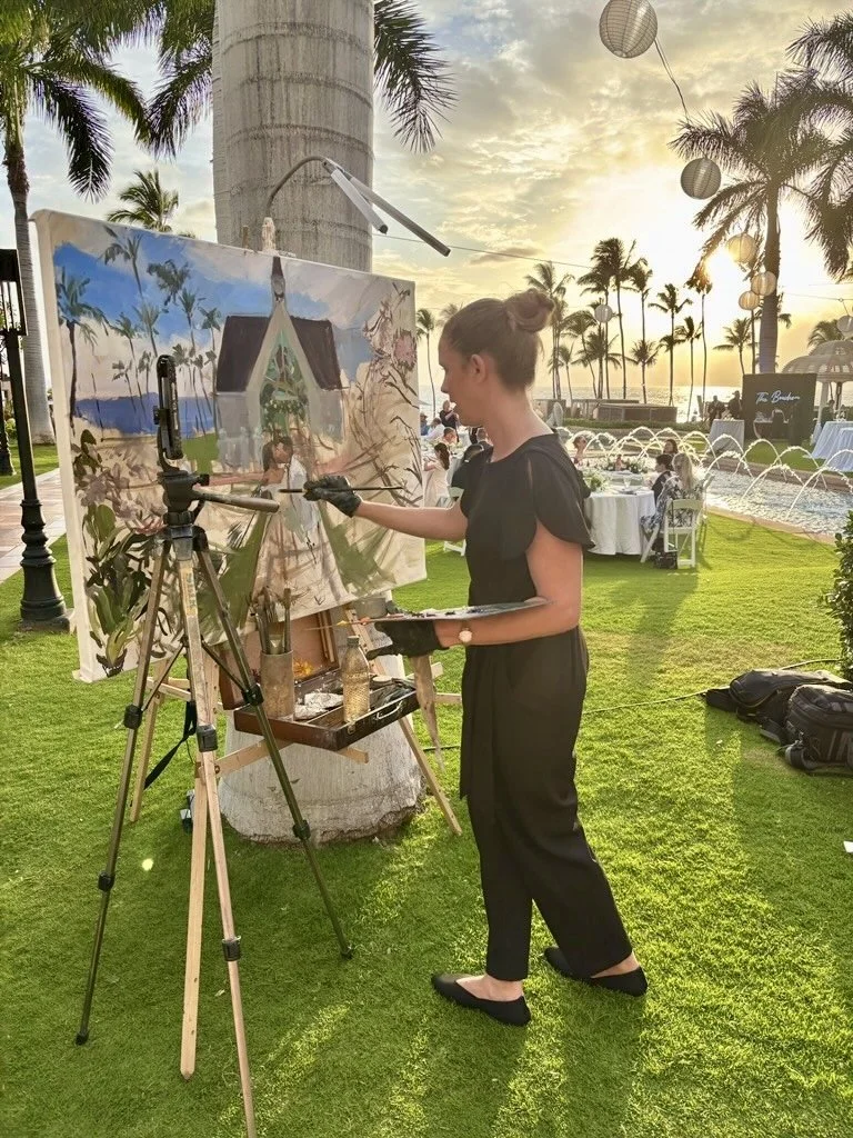 Live wedding painting in Maui showing the progress with palm trees and sunset in background by Laura Jane Fine Art