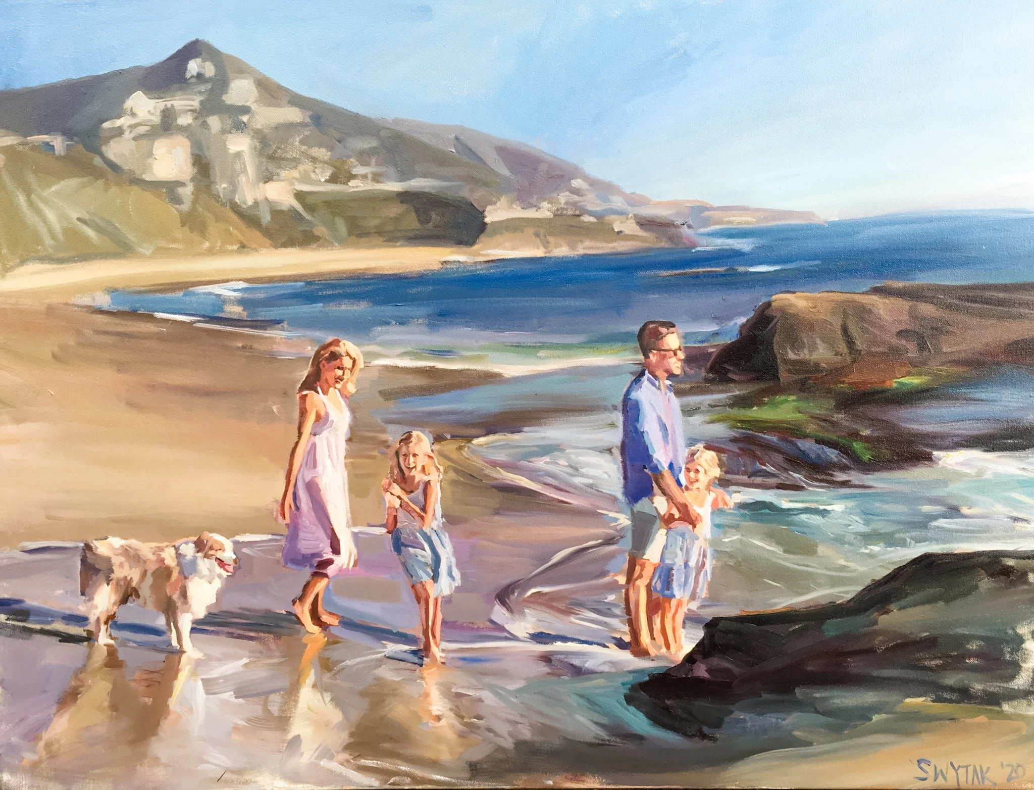 Family beach portrait oil painting at Montage Laguna Beach with dog and ocean by Laura Jane Fine Art