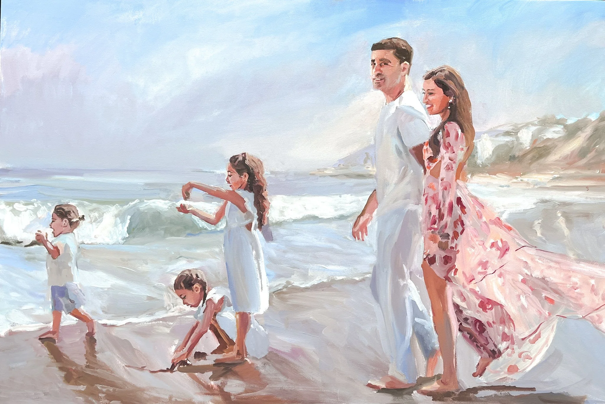 Family beach portrait painting in Los Angeles with children playing in the waves by Laura Jane Fine Art