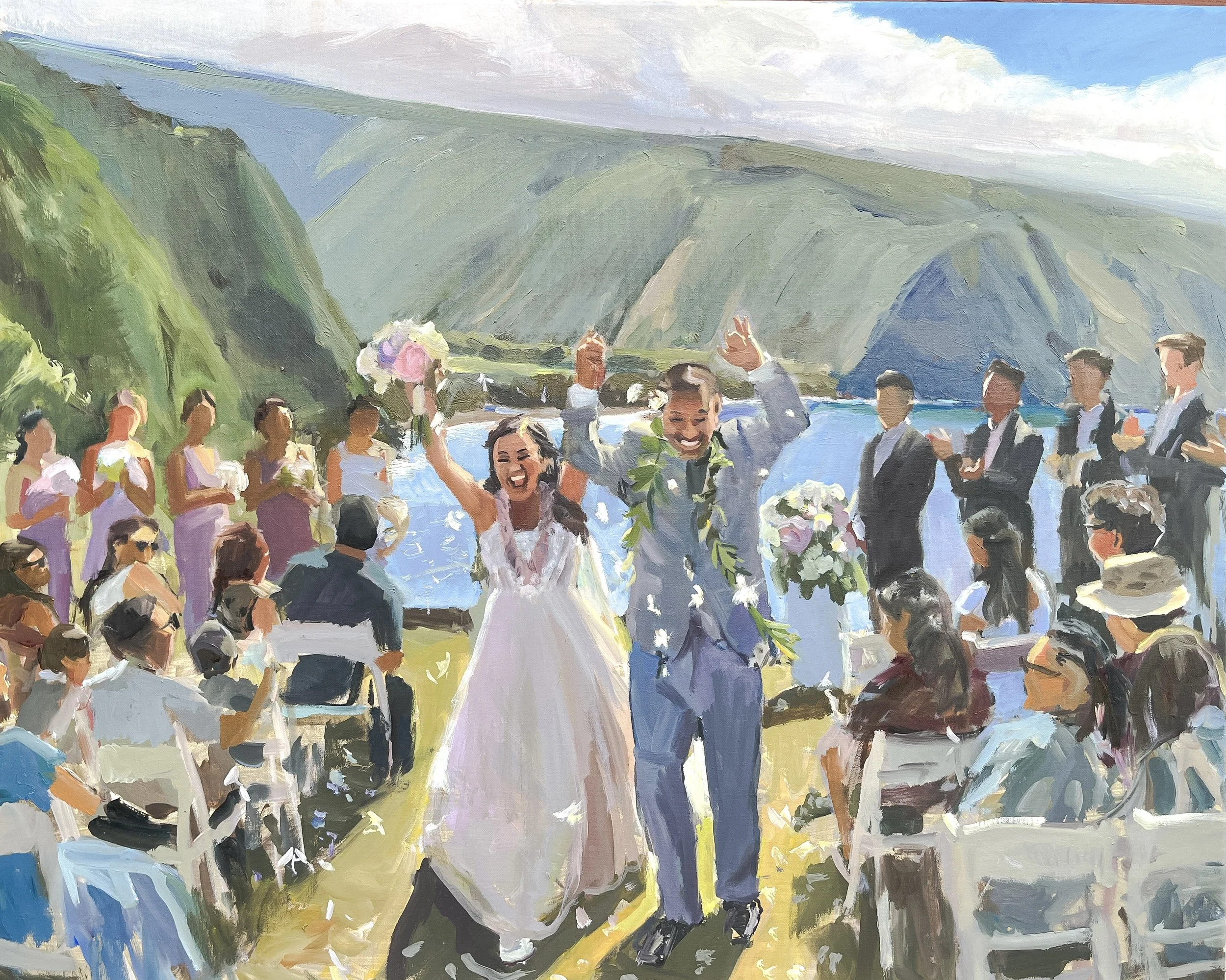 Live wedding painting of outdoor ceremony overlooking Waipio Valley on the Big Island of Hawaii by Laura Jane Fine Art