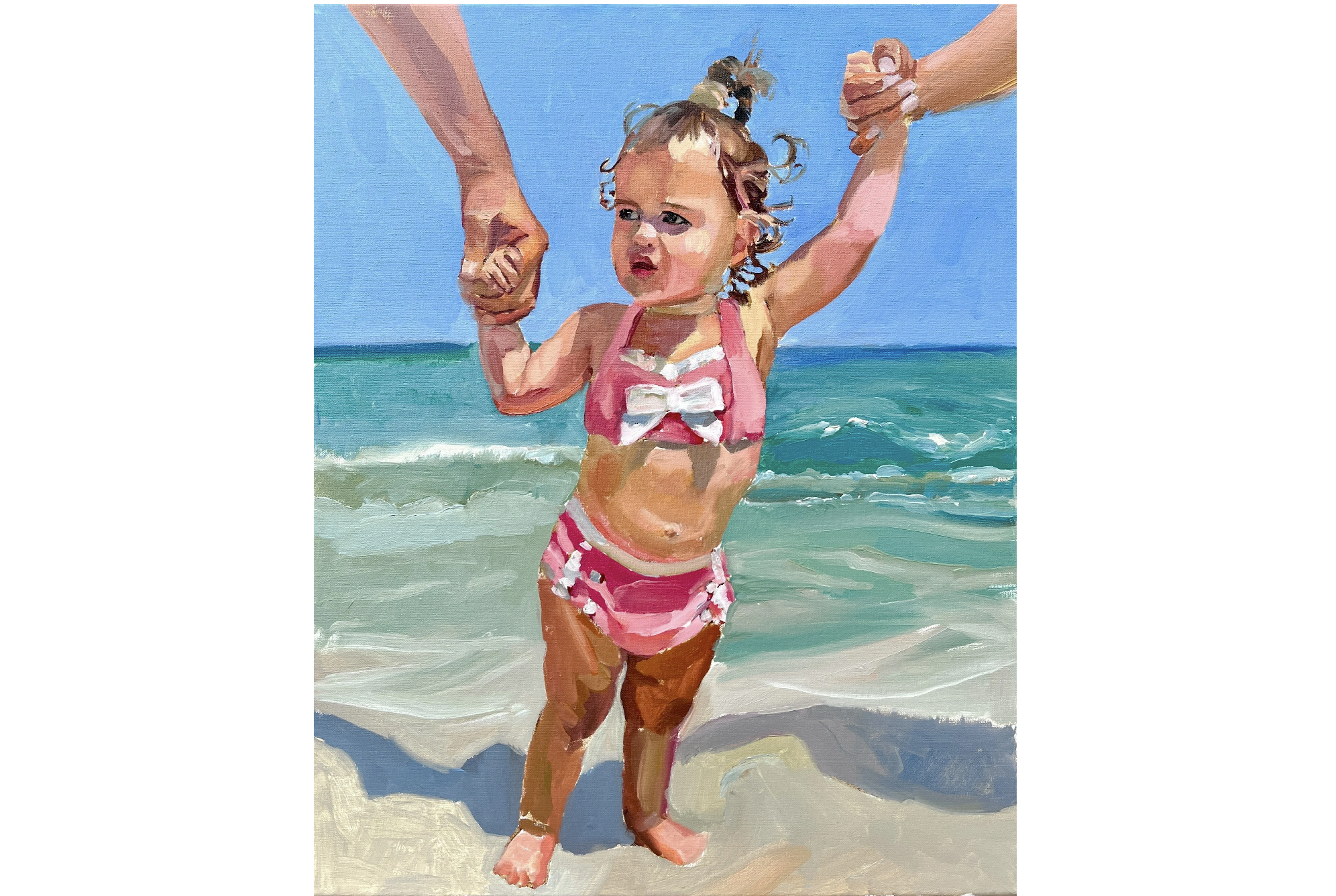 Custom oil painting portrait of a toddler at Kua Bay beach holding parents hands by Laura Jane Fine Art