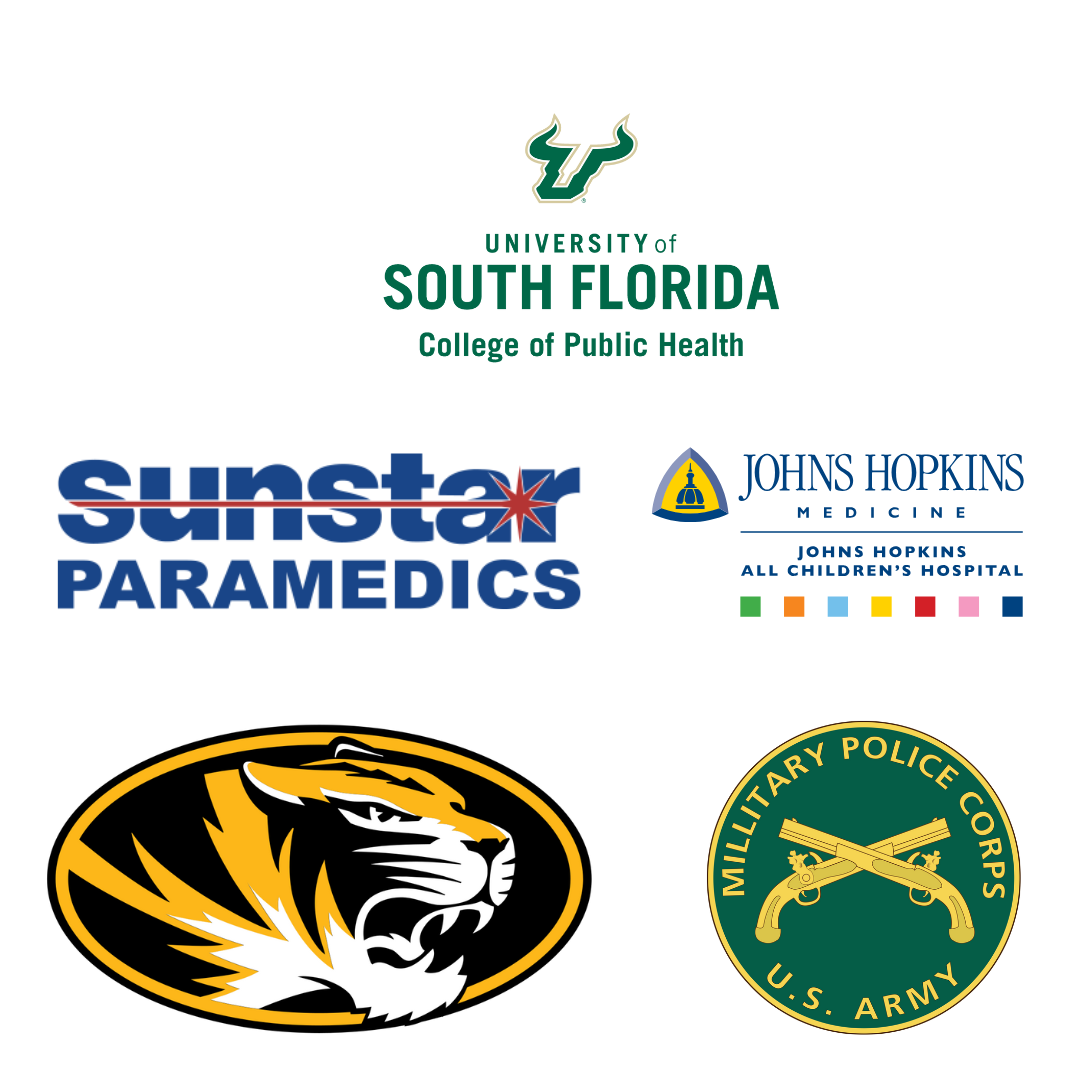 Collection of various logos, including University of South Florida College of Public Health, ZooTampa at Lowry Park, Sunstar Paramedics, Johns Hopkins Medicine All Children's Hospital, a tiger, and Military Police Corps U.S. Army.