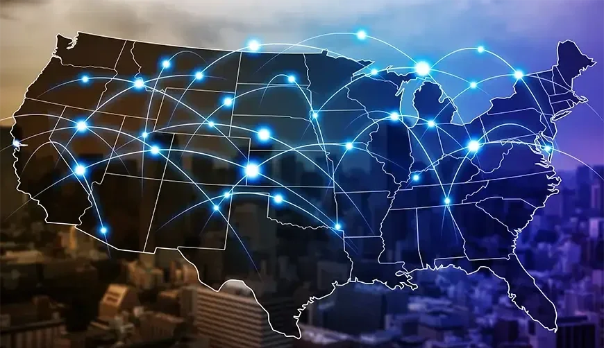 Map of the United States with connected network nodes and pathways overlayed, representing connections across the country.